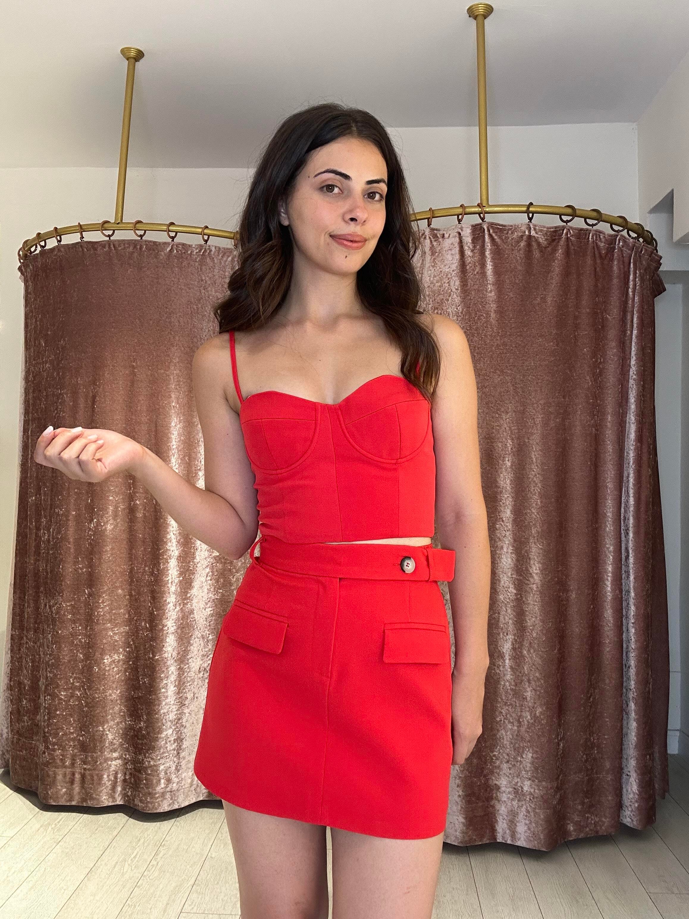 Crop Cep Detay Mini Etek Takım Kırmızı 