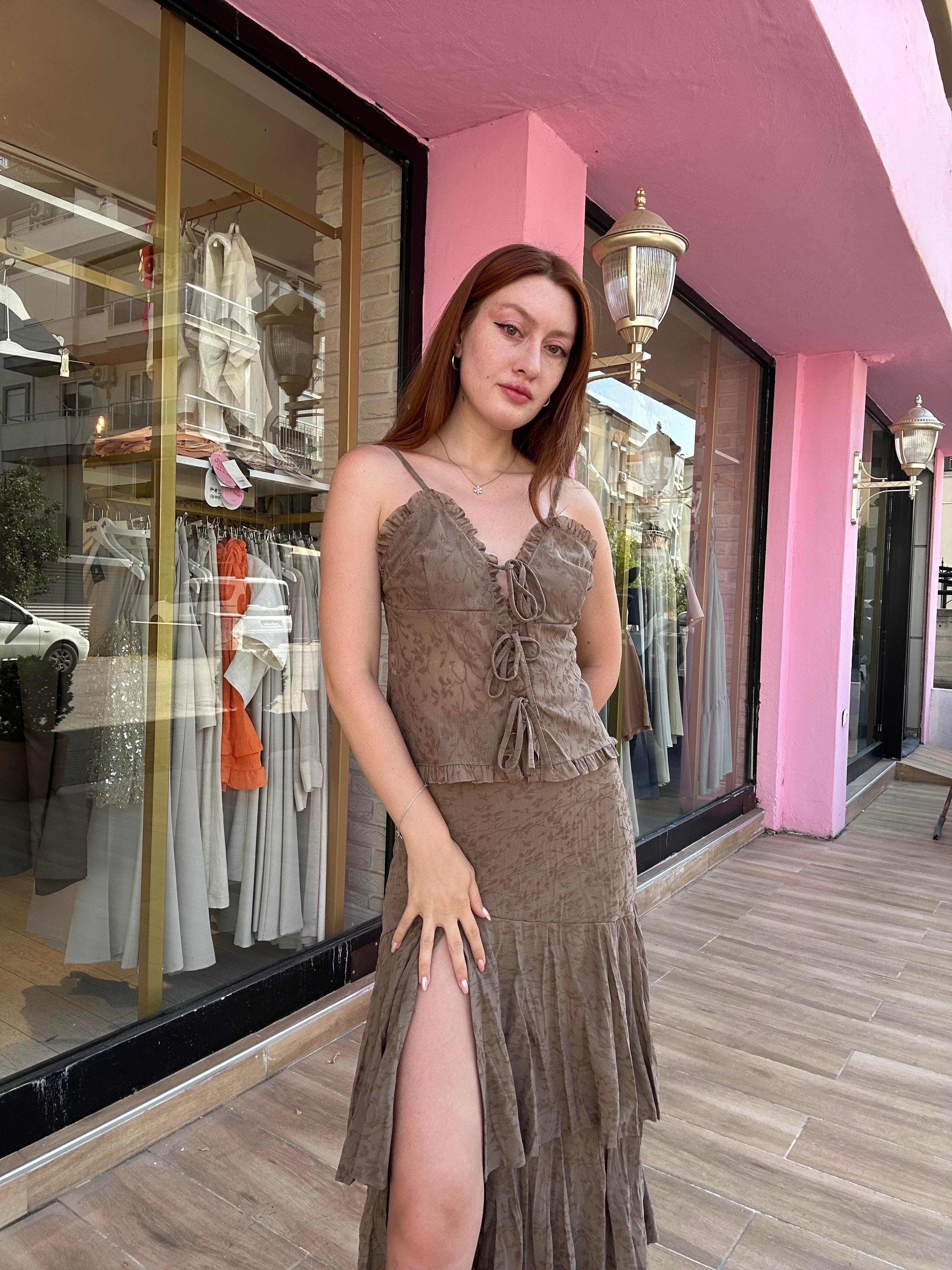 Crop Uzun Etek Takım Ekru