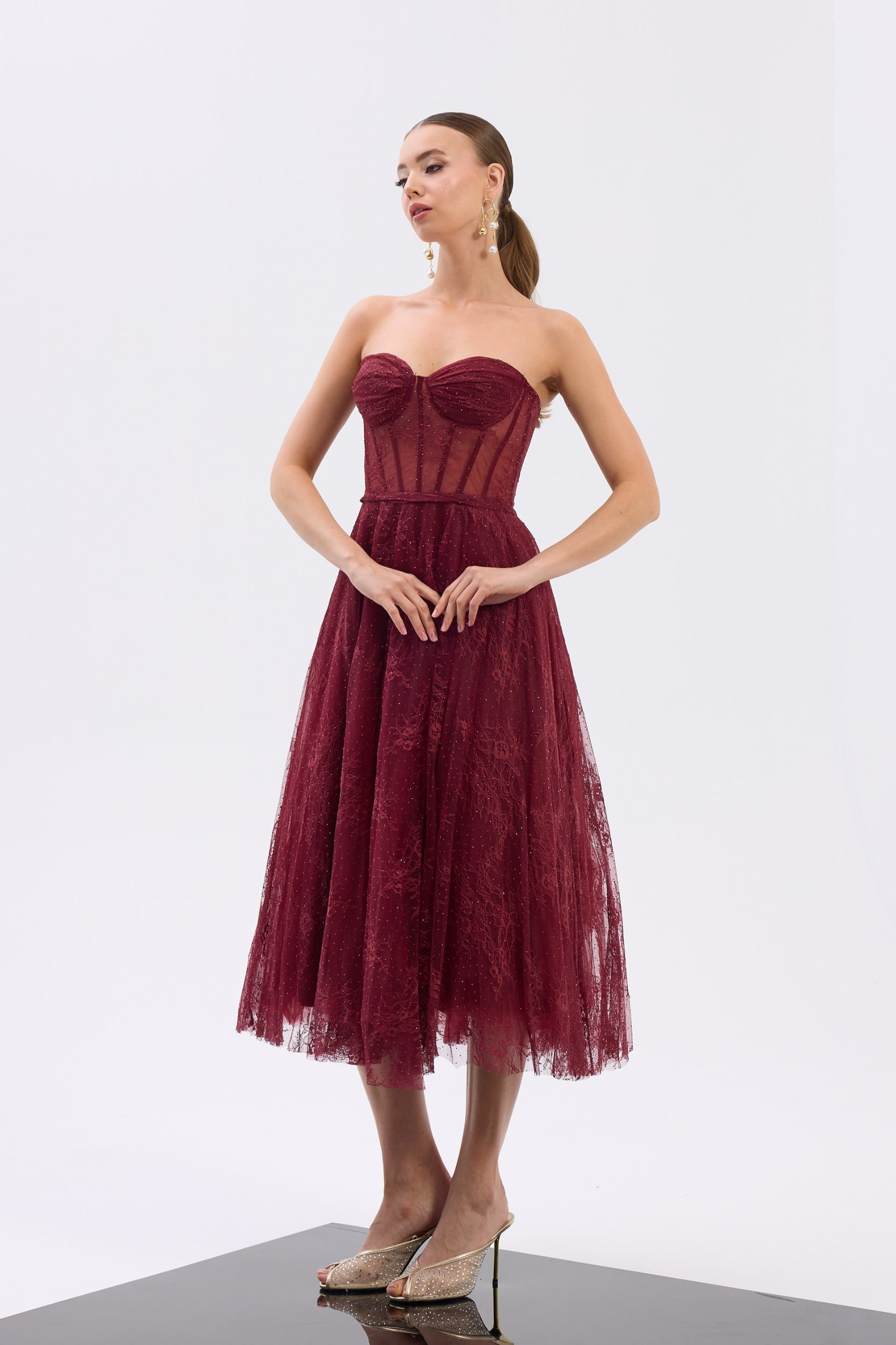Dantel Detay Midi Straplez Bordo 