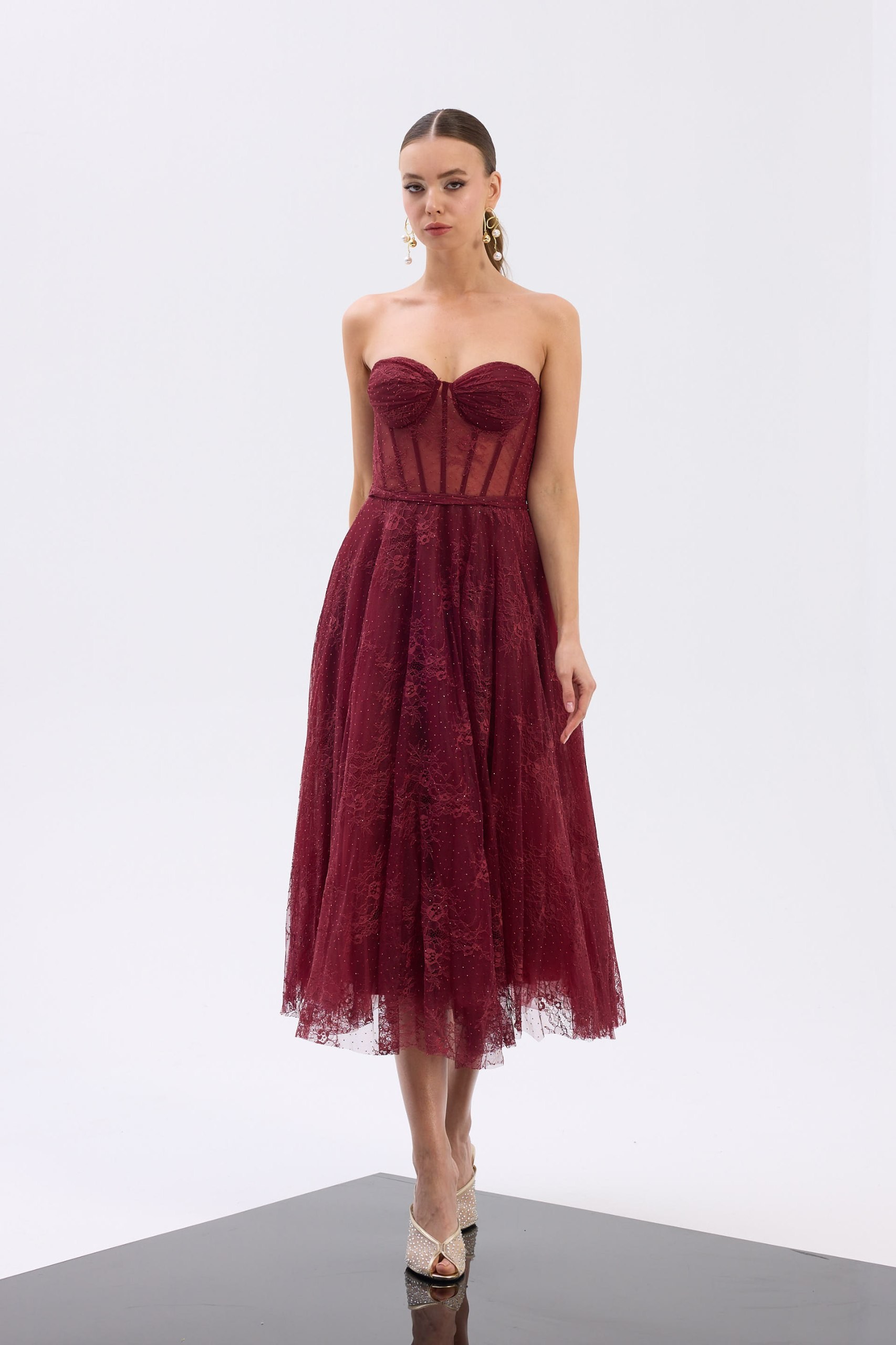 Dantel Detay Midi Straplez Bordo 