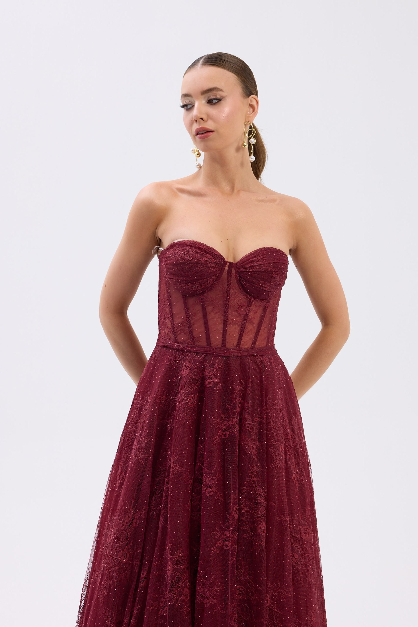 Dantel Detay Midi Straplez Bordo 