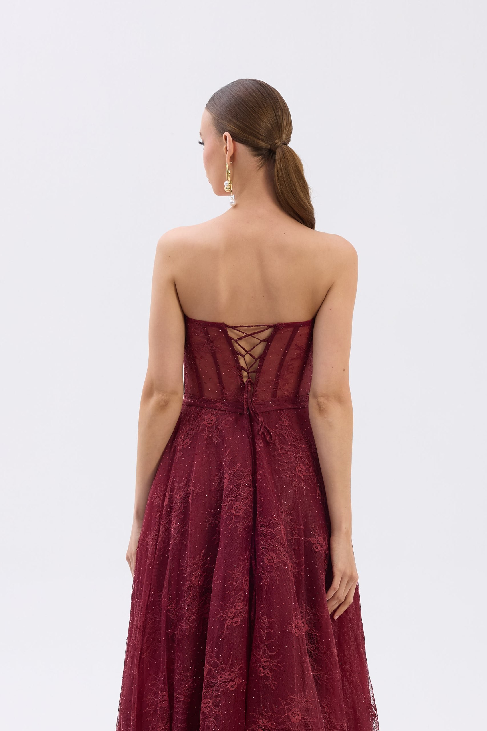 Dantel Detay Midi Straplez Bordo 
