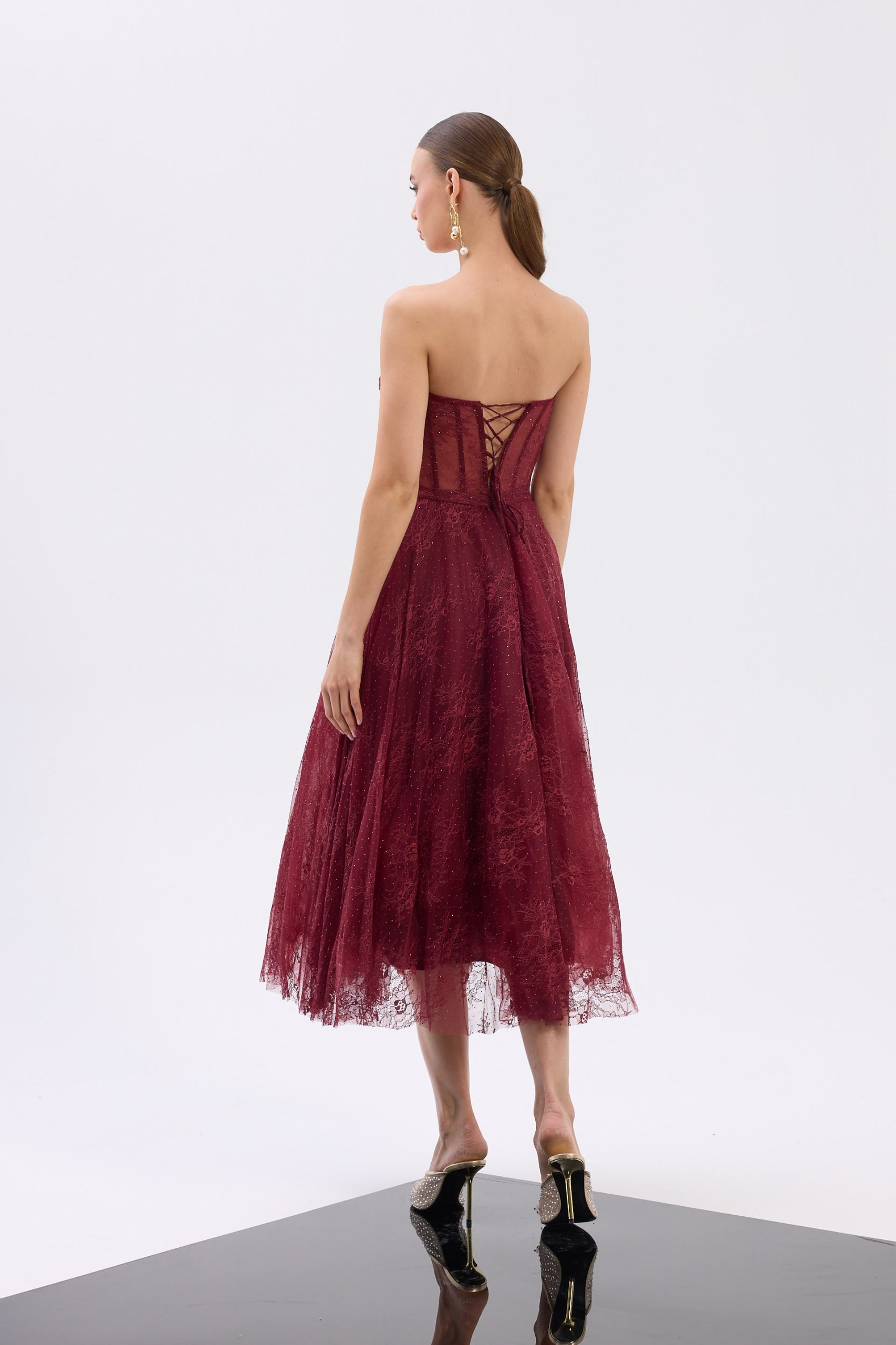 Dantel Detay Midi Straplez Bordo 