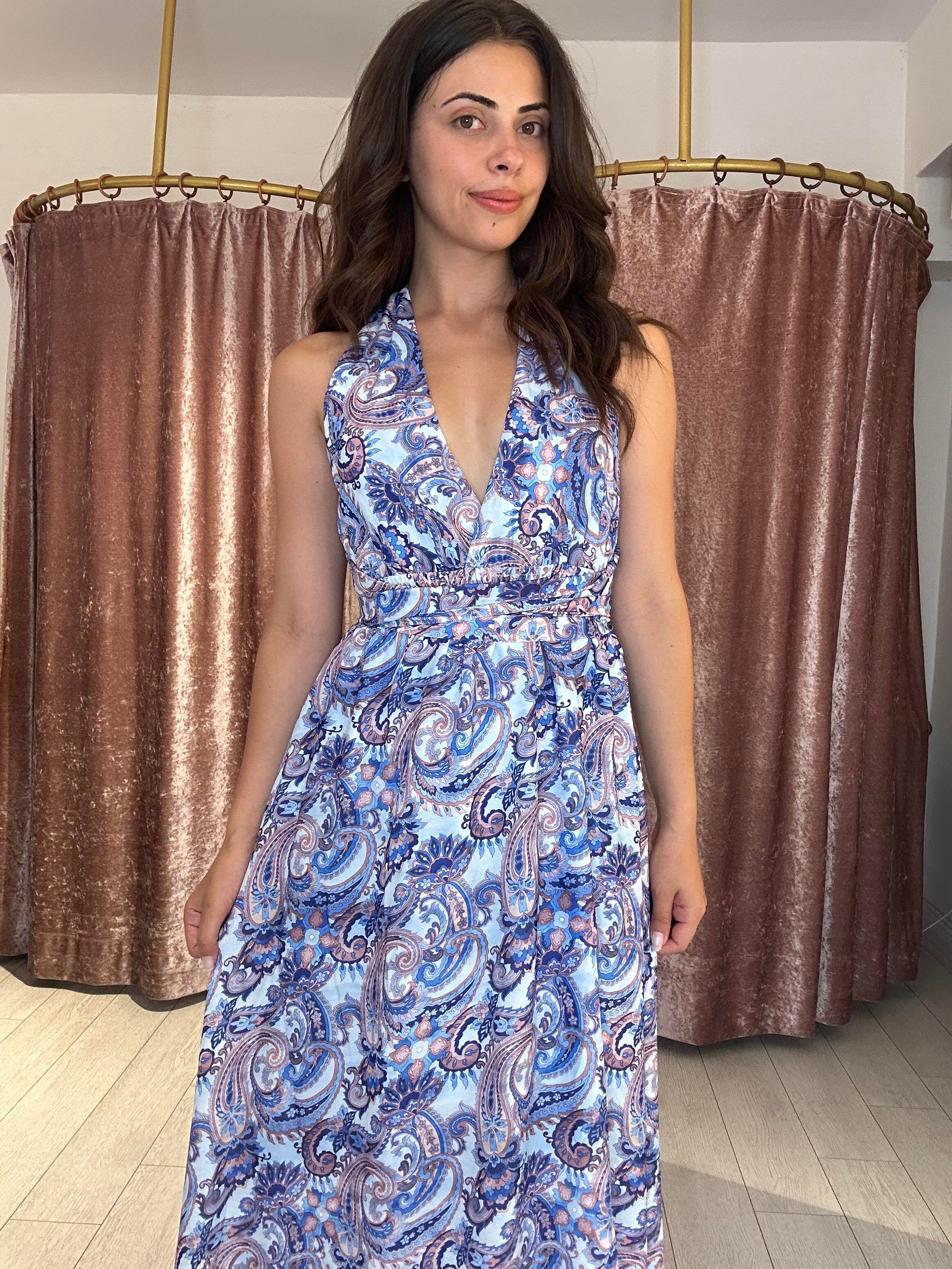 Desenli Boyundan Bağlamalı Uzun Elbise 