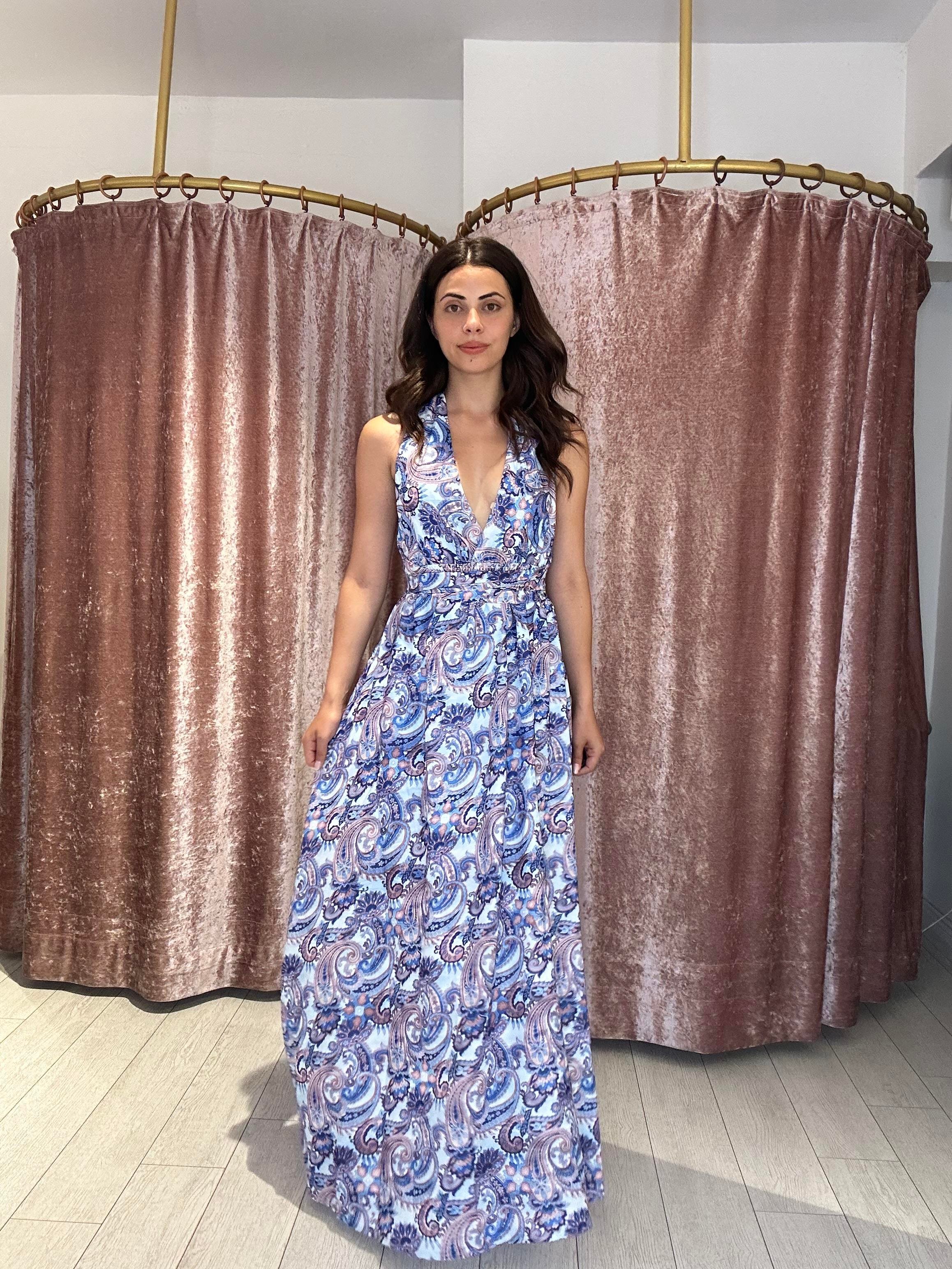 Desenli Boyundan Bağlamalı Uzun Elbise 