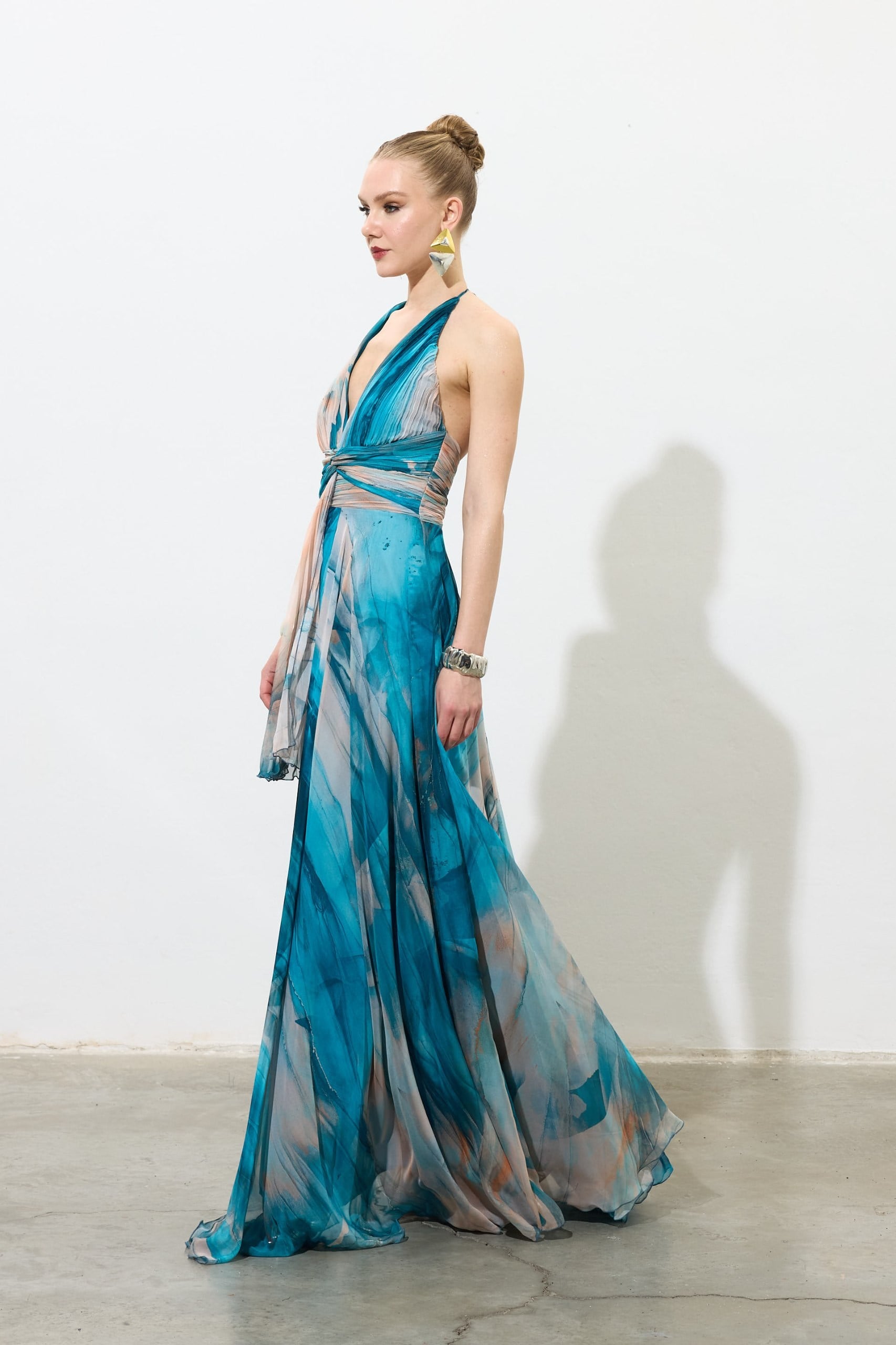 Desenli Şifon Uzun Elbise Mavi 