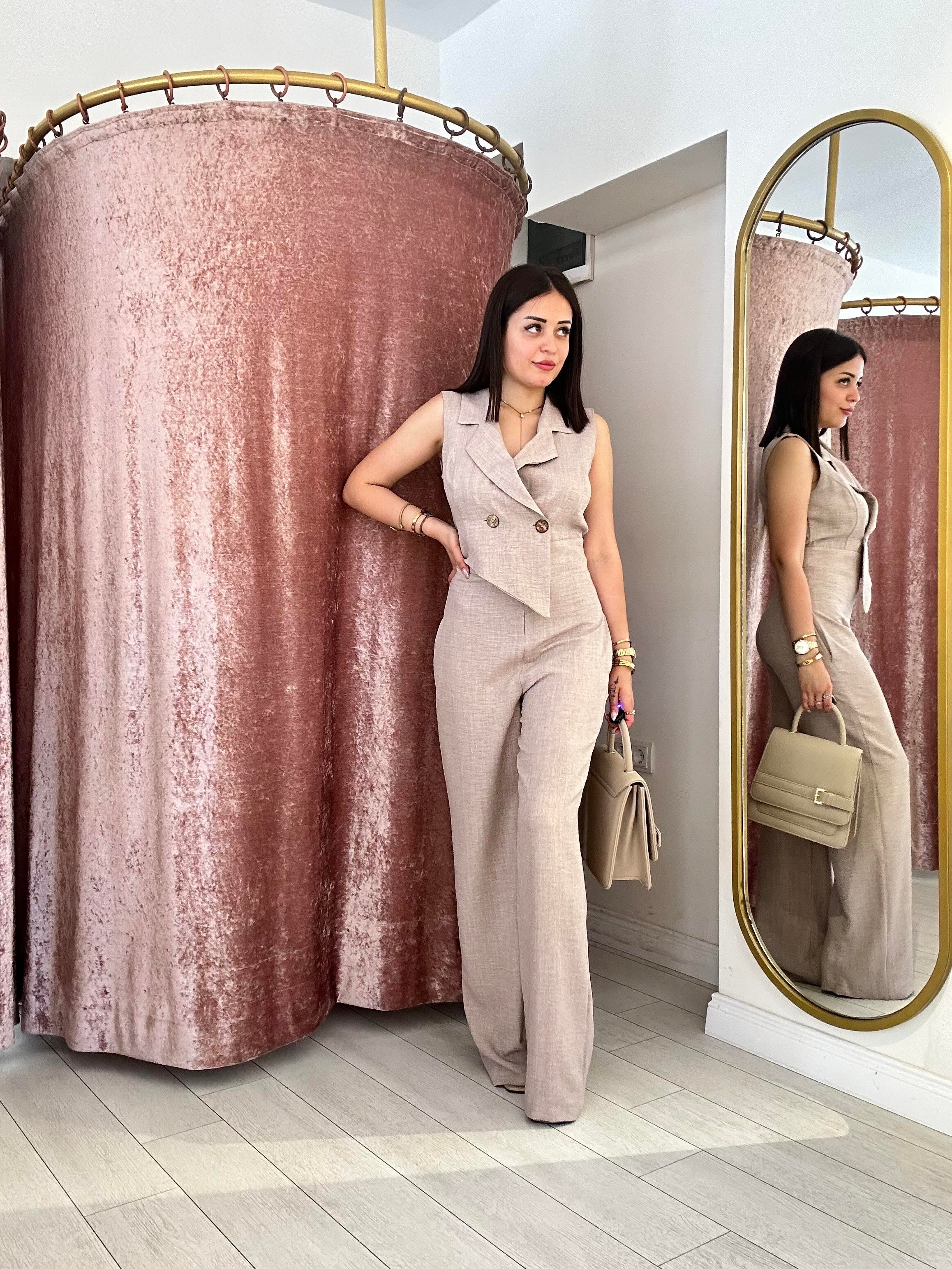 Düğme Detay Yelek Görünümlü Tulum Pembe