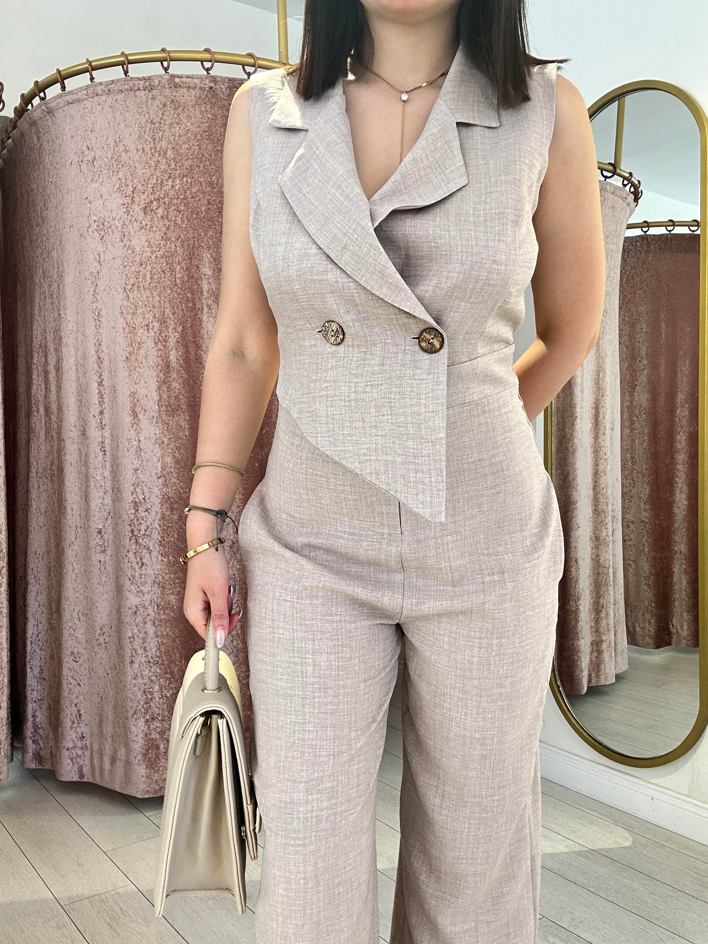 Düğme Detay Yelek Görünümlü Tulum Pembe