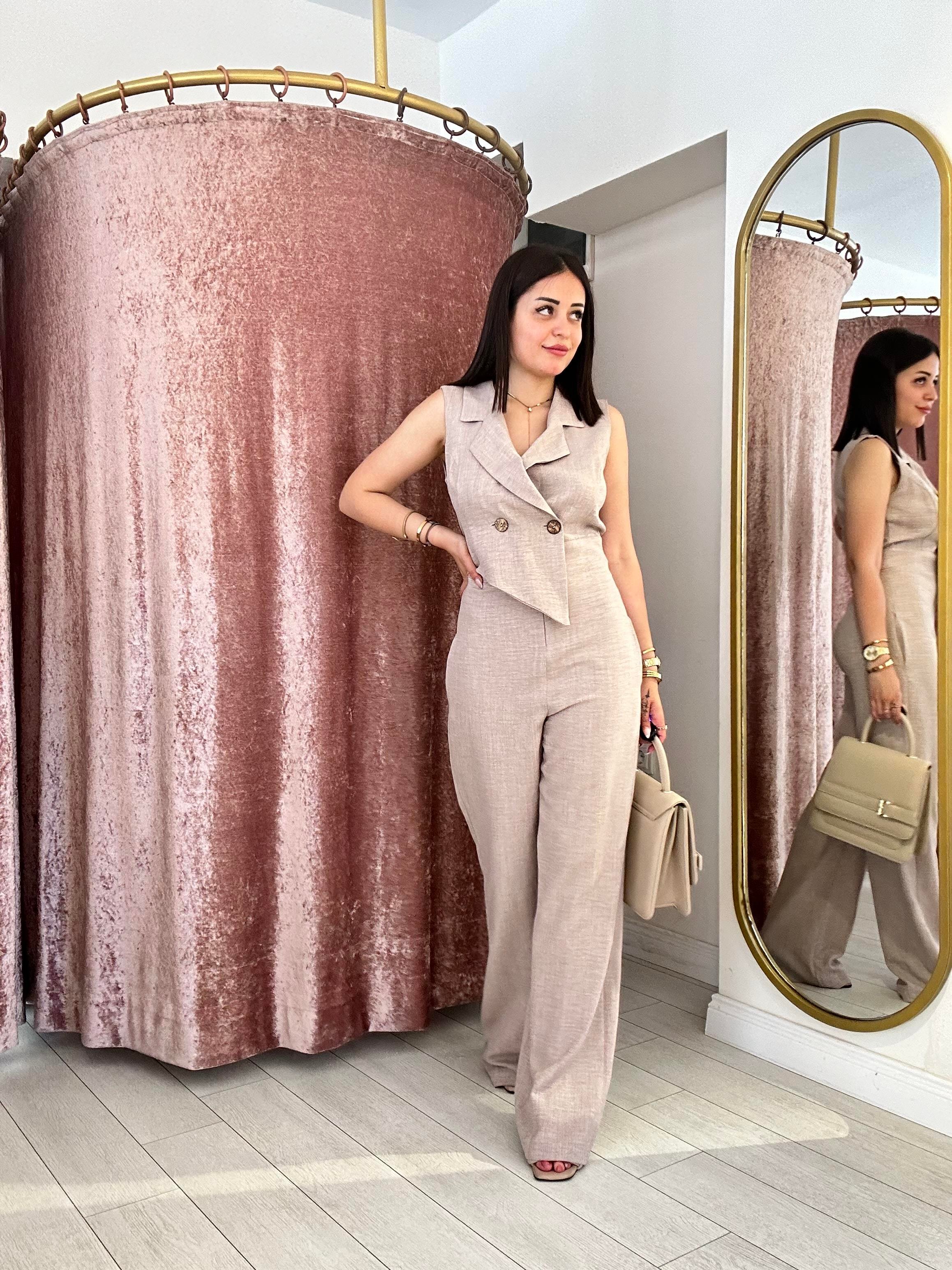 Düğme Detay Yelek Görünümlü Tulum Pembe