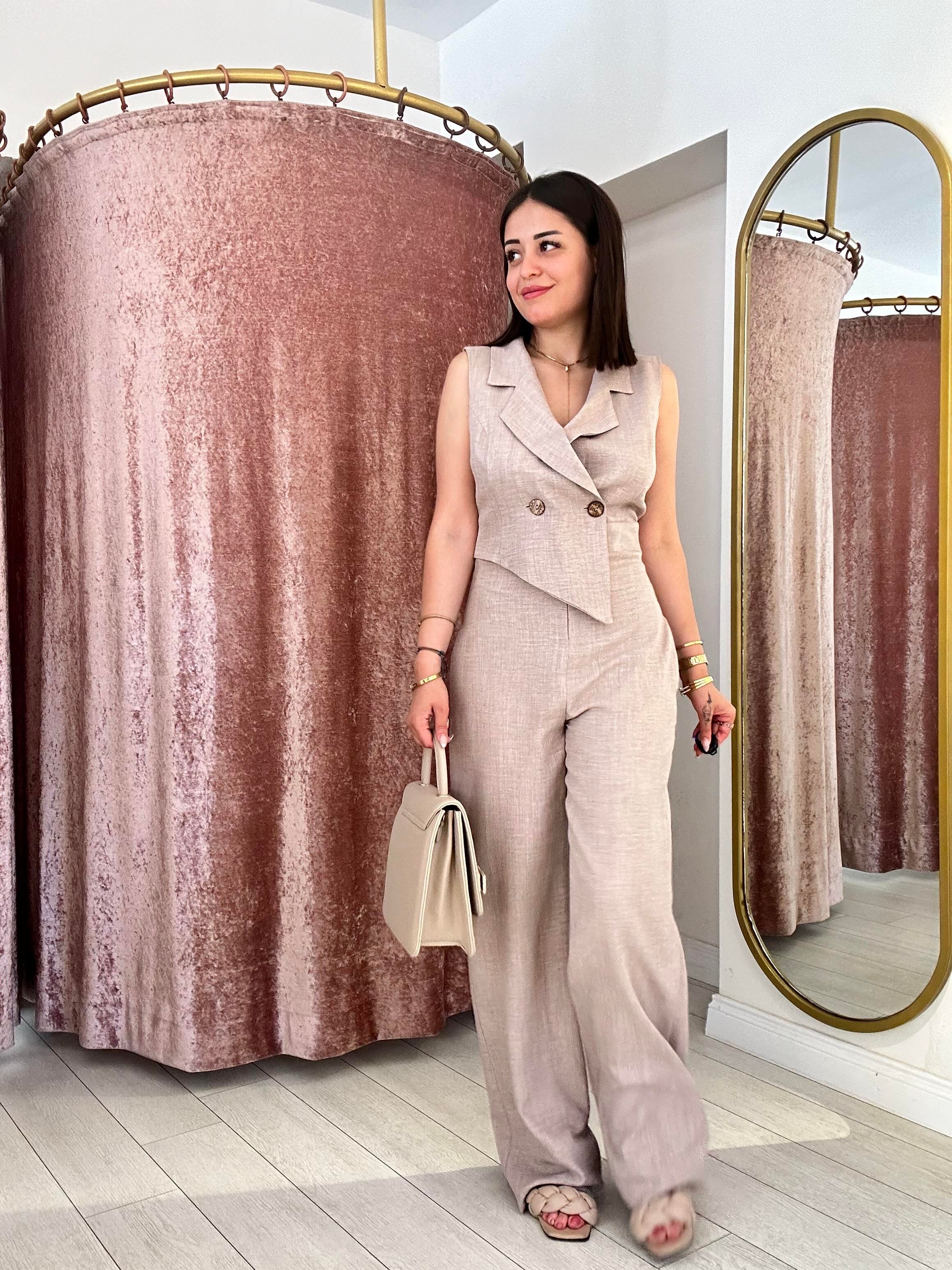 Düğme Detay Yelek Görünümlü Tulum Pembe