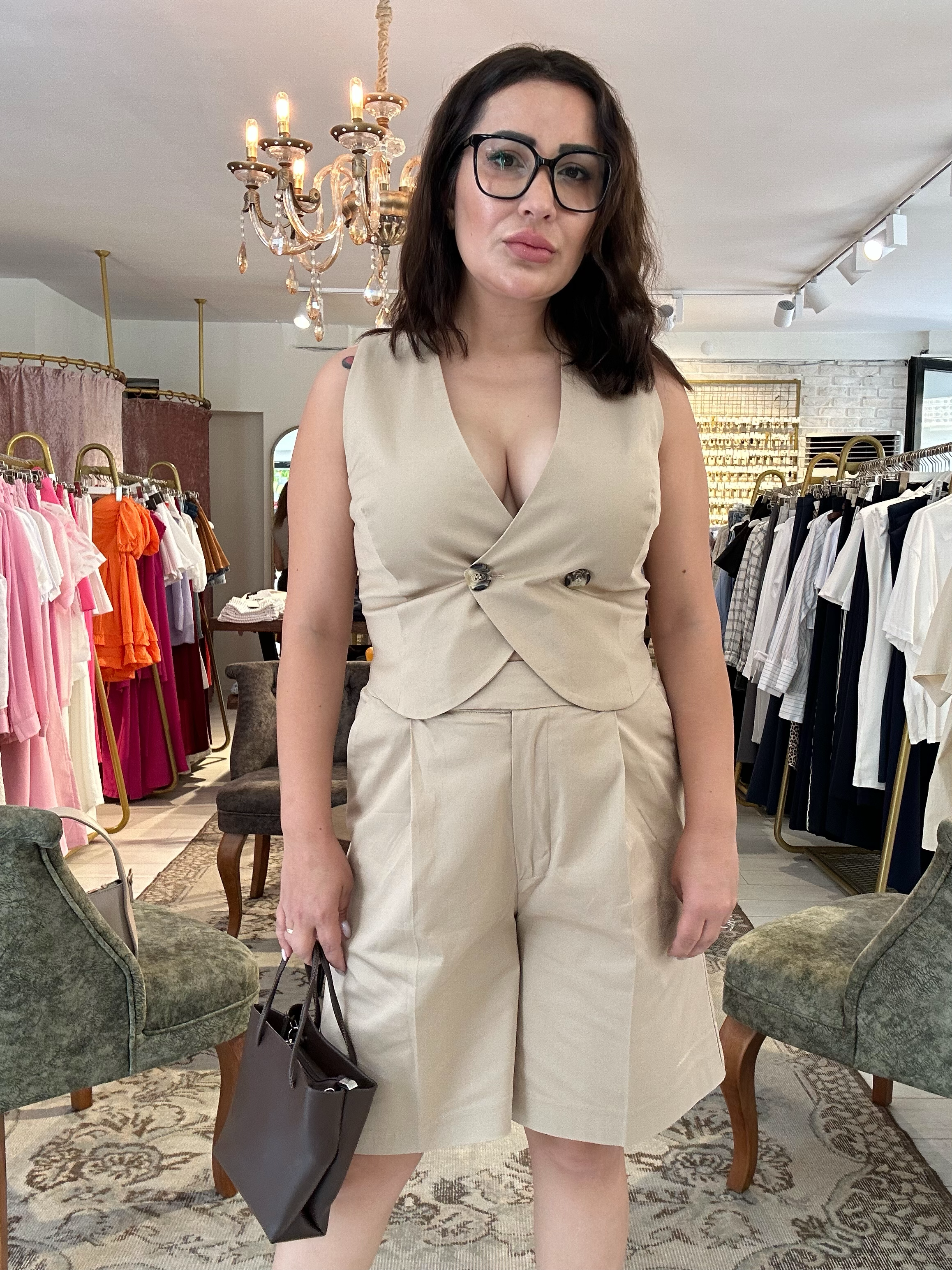 Dügme Yelek Şort İkili Takım Krem