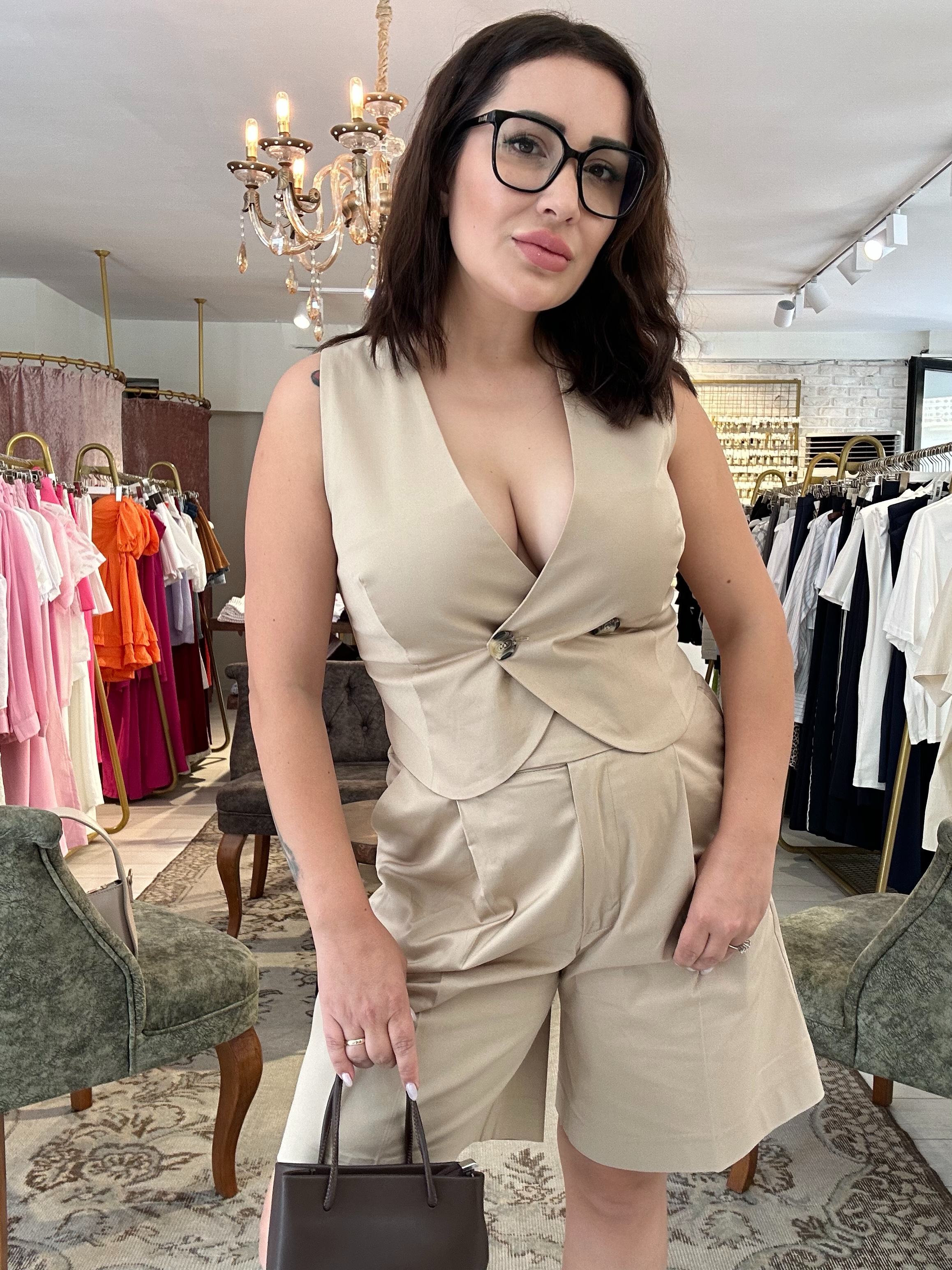 Dügme Yelek Şort İkili Takım Krem