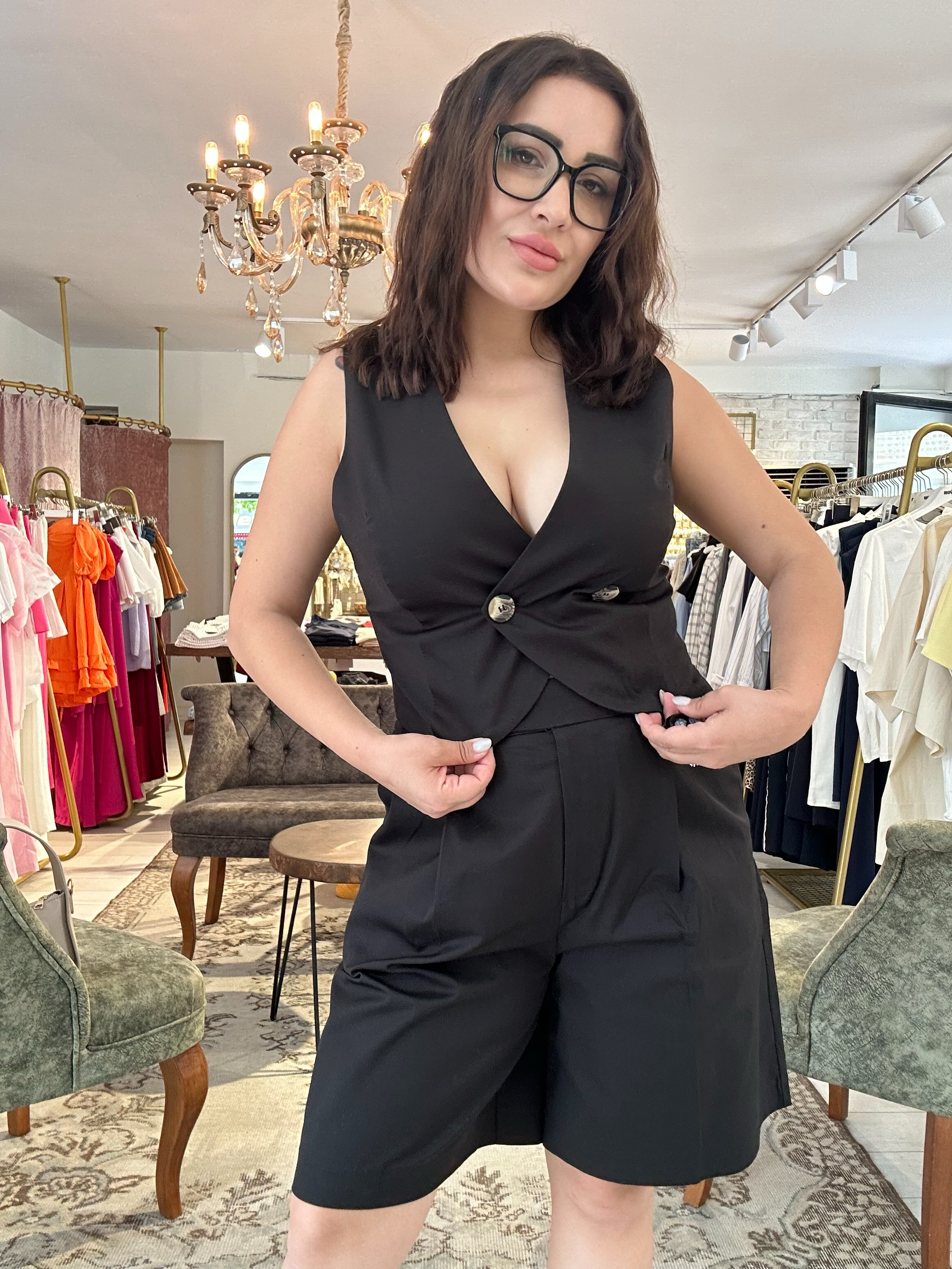 Dügme Yelek Şort İkili Takım Siyah