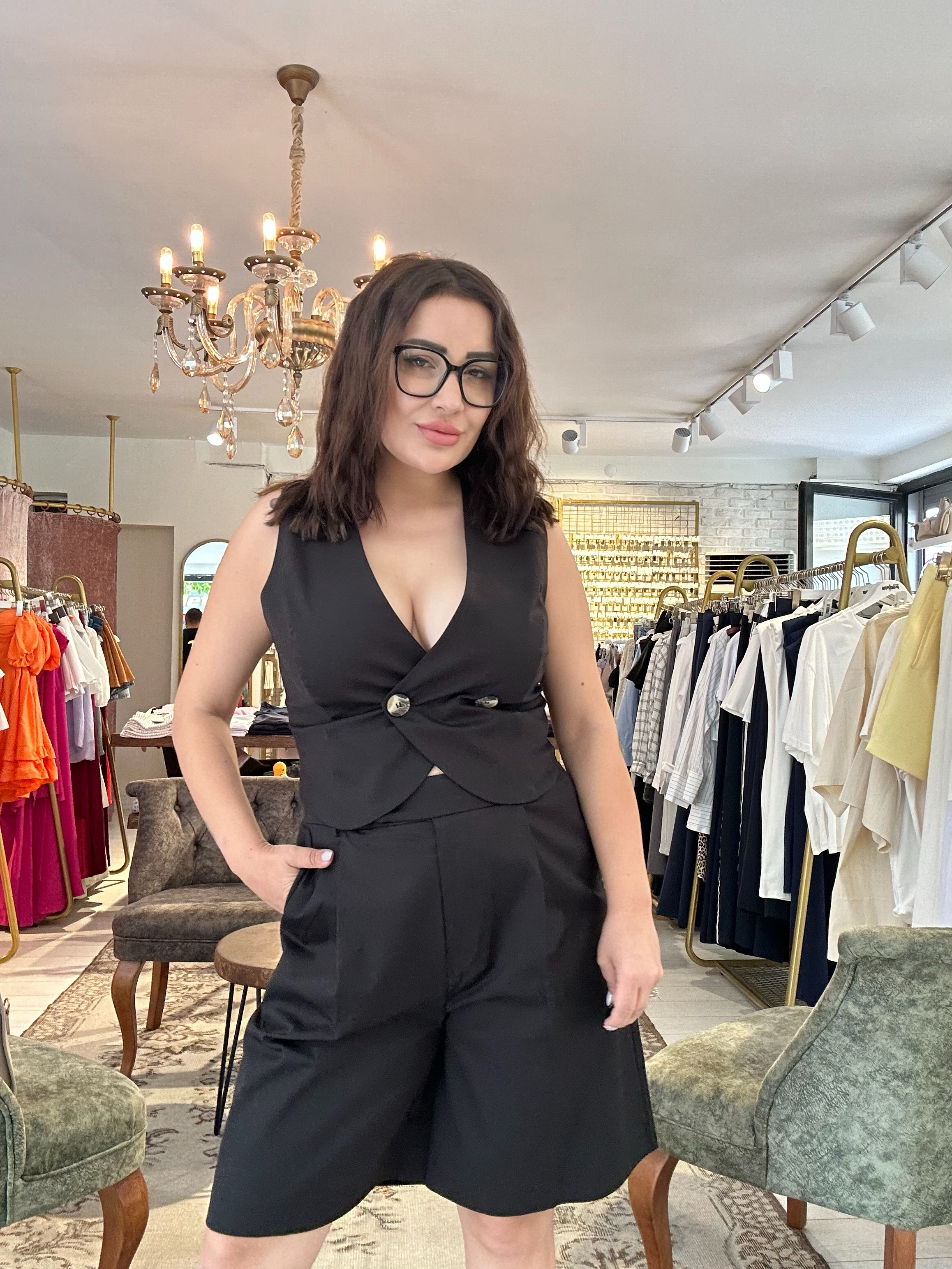 Dügme Yelek Şort İkili Takım Siyah