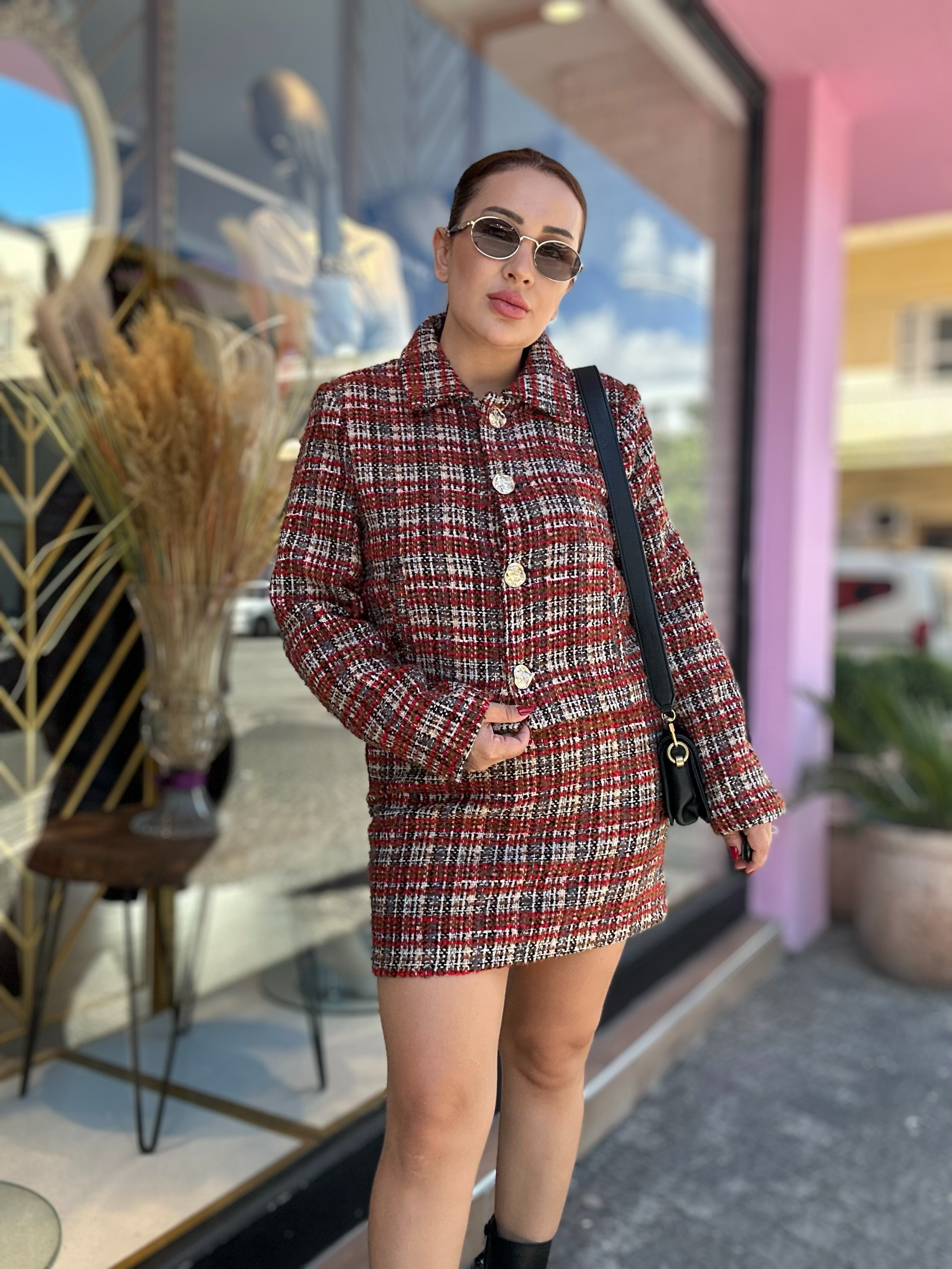 Ekose Ceket Tüvit Takım Kırmızı 