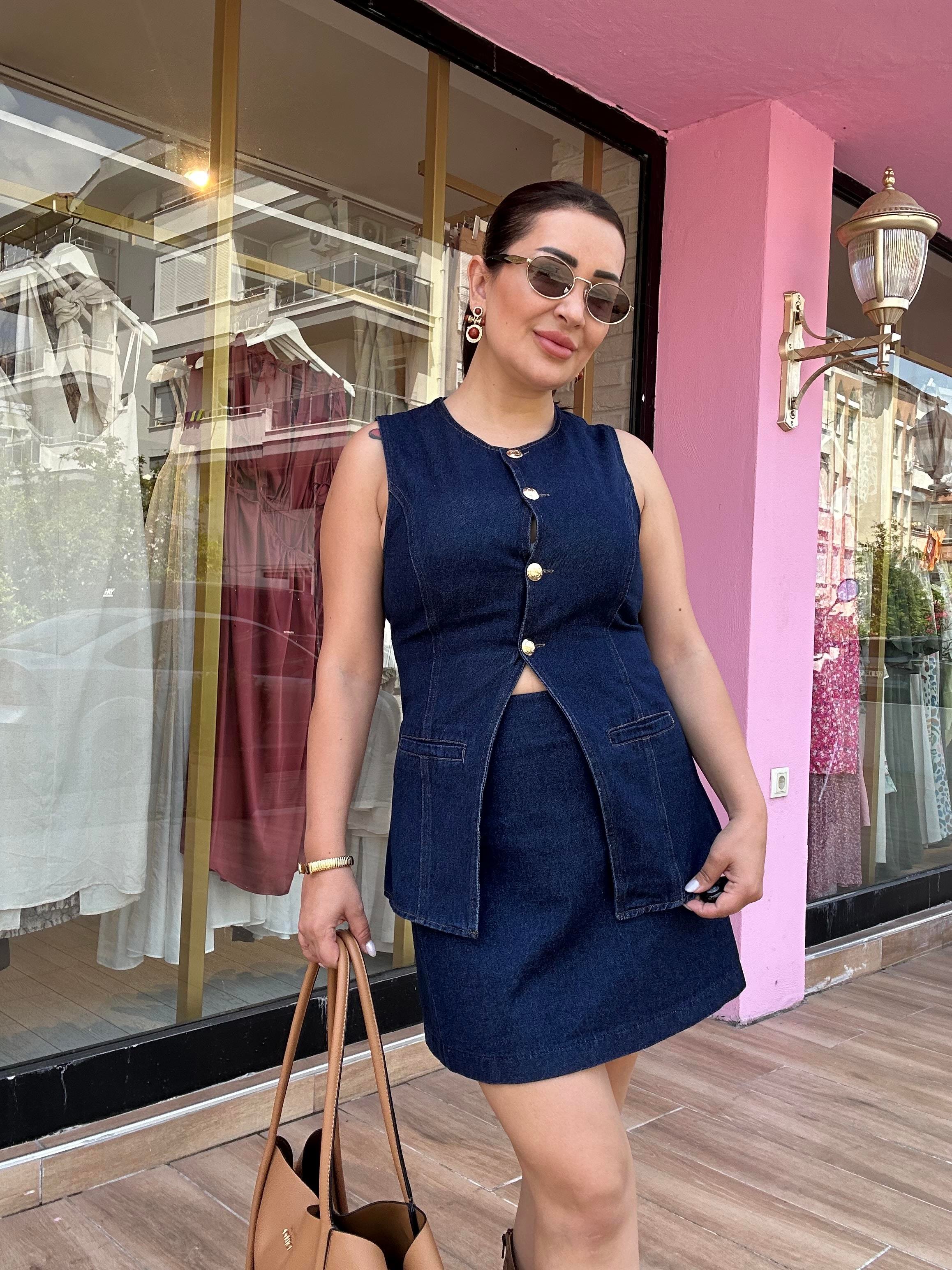 Gold Dügme Detay Denim Takım Mavi