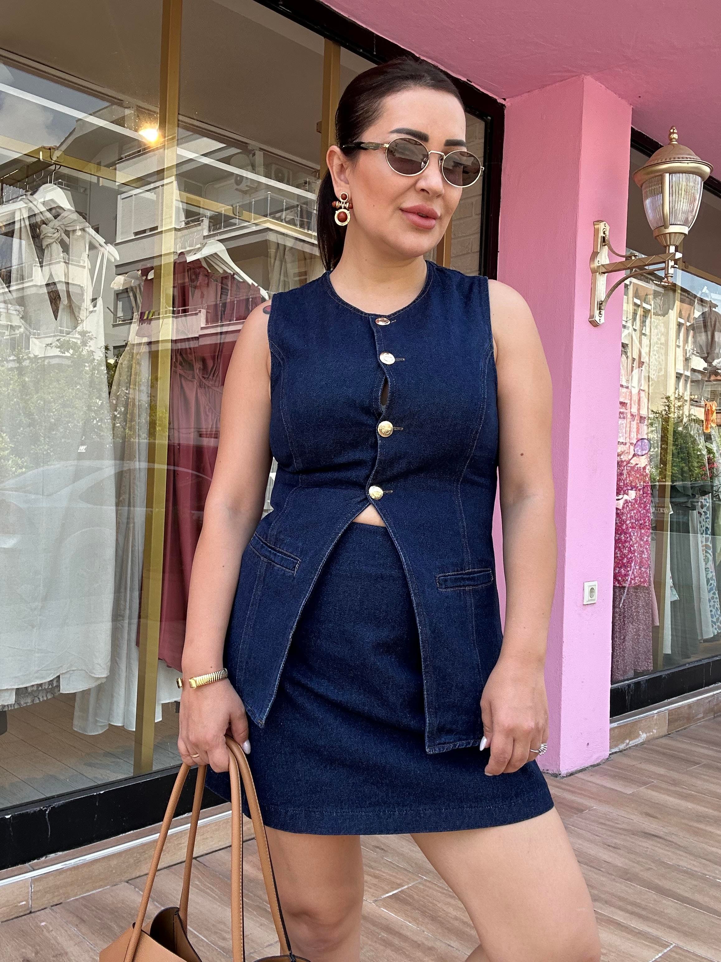 Gold Dügme Detay Denim Takım Mavi