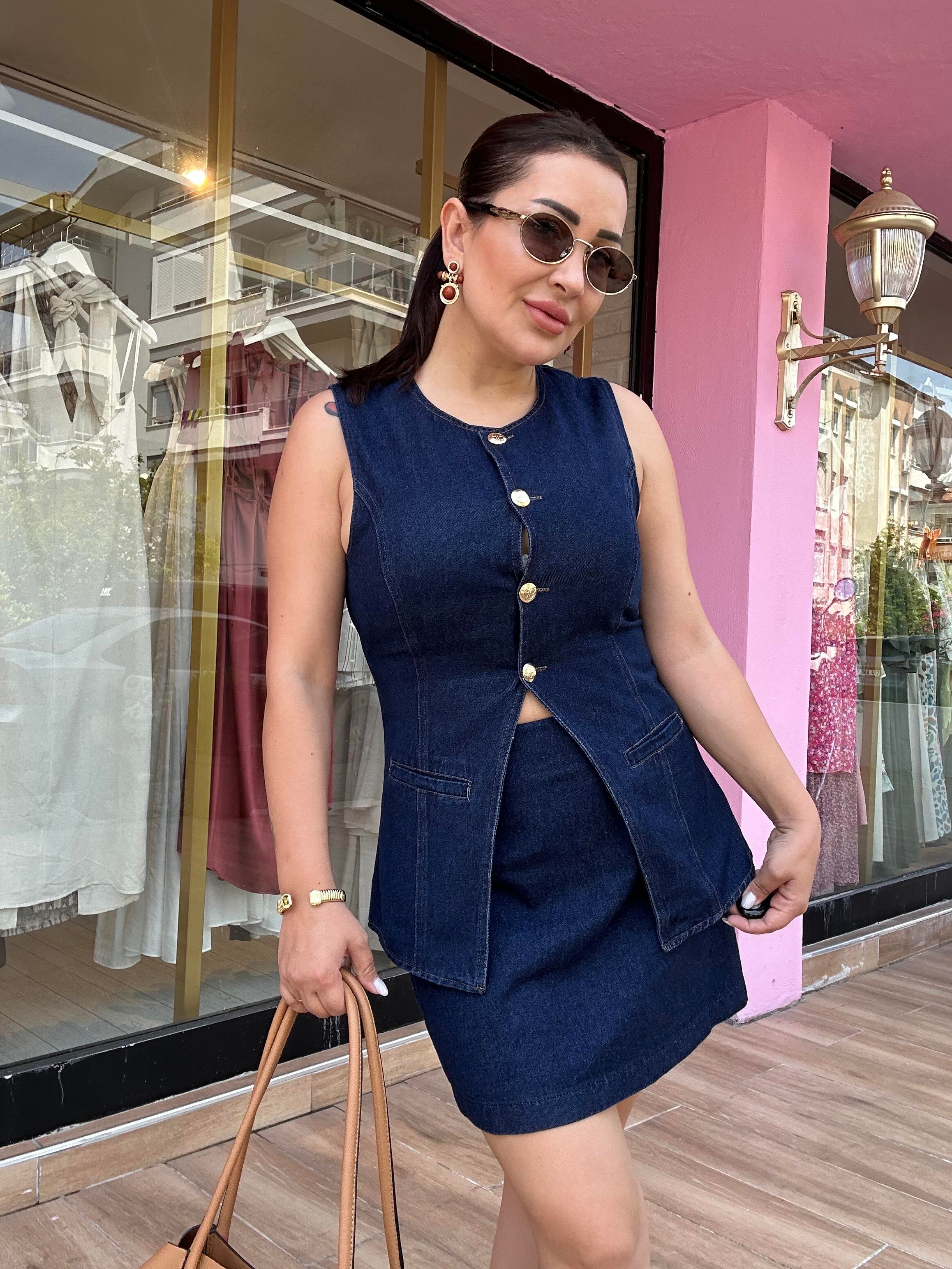 Gold Dügme Detay Denim Takım Mavi