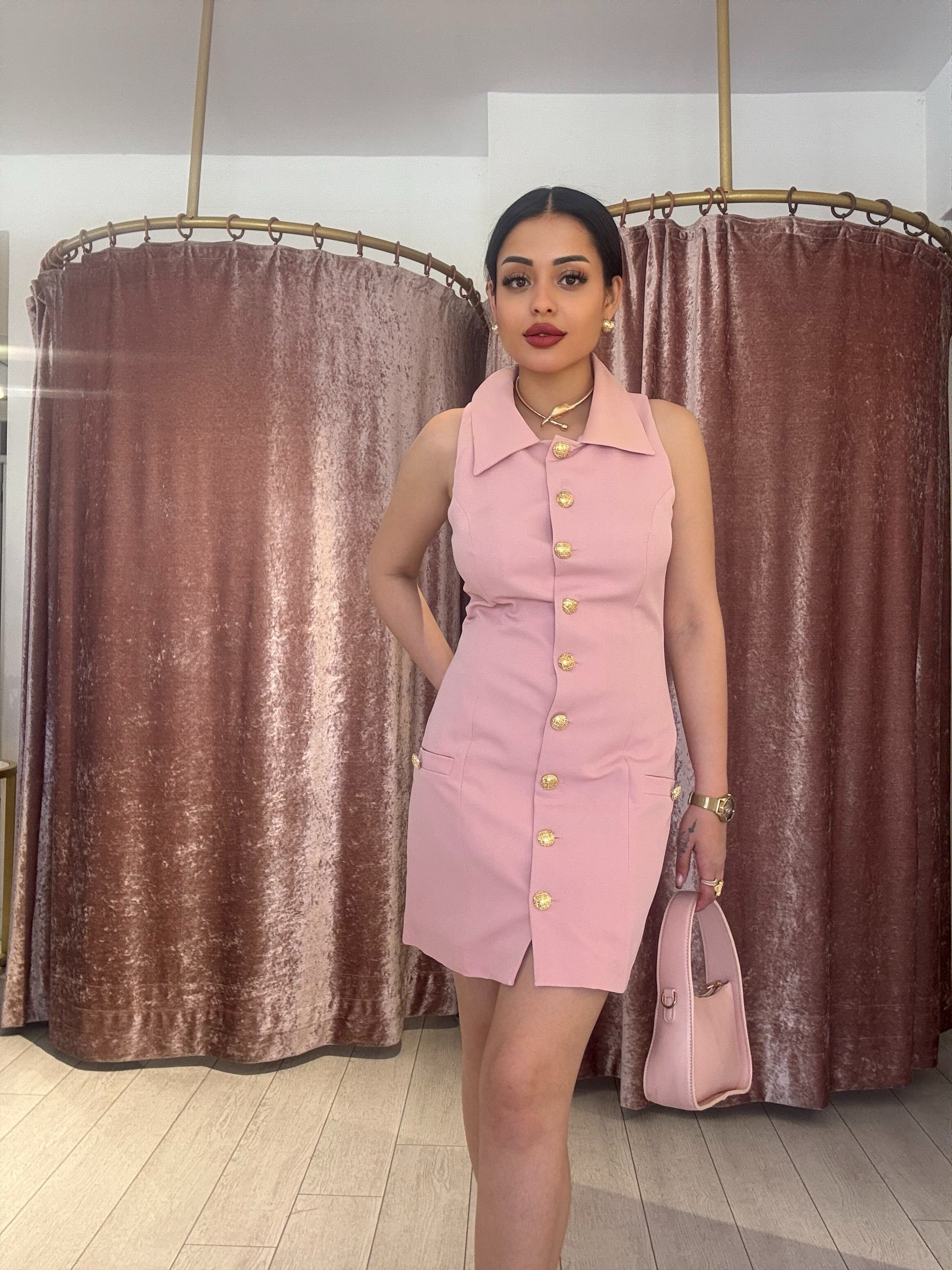 Gold Düğme Detay Elbise Pudra