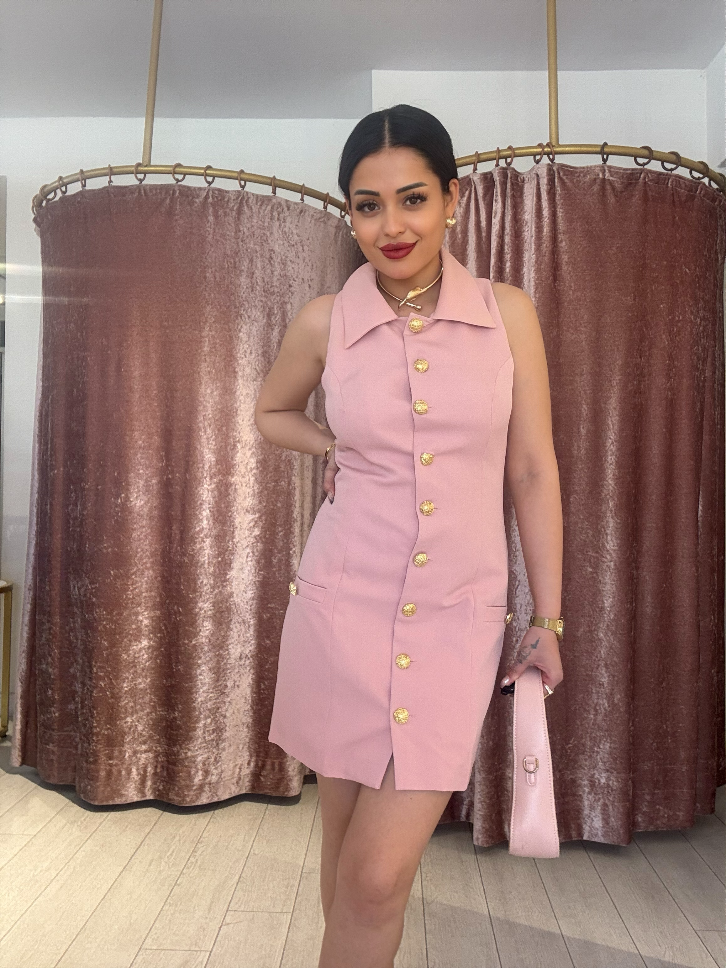 Gold Düğme Detay Elbise Pudra