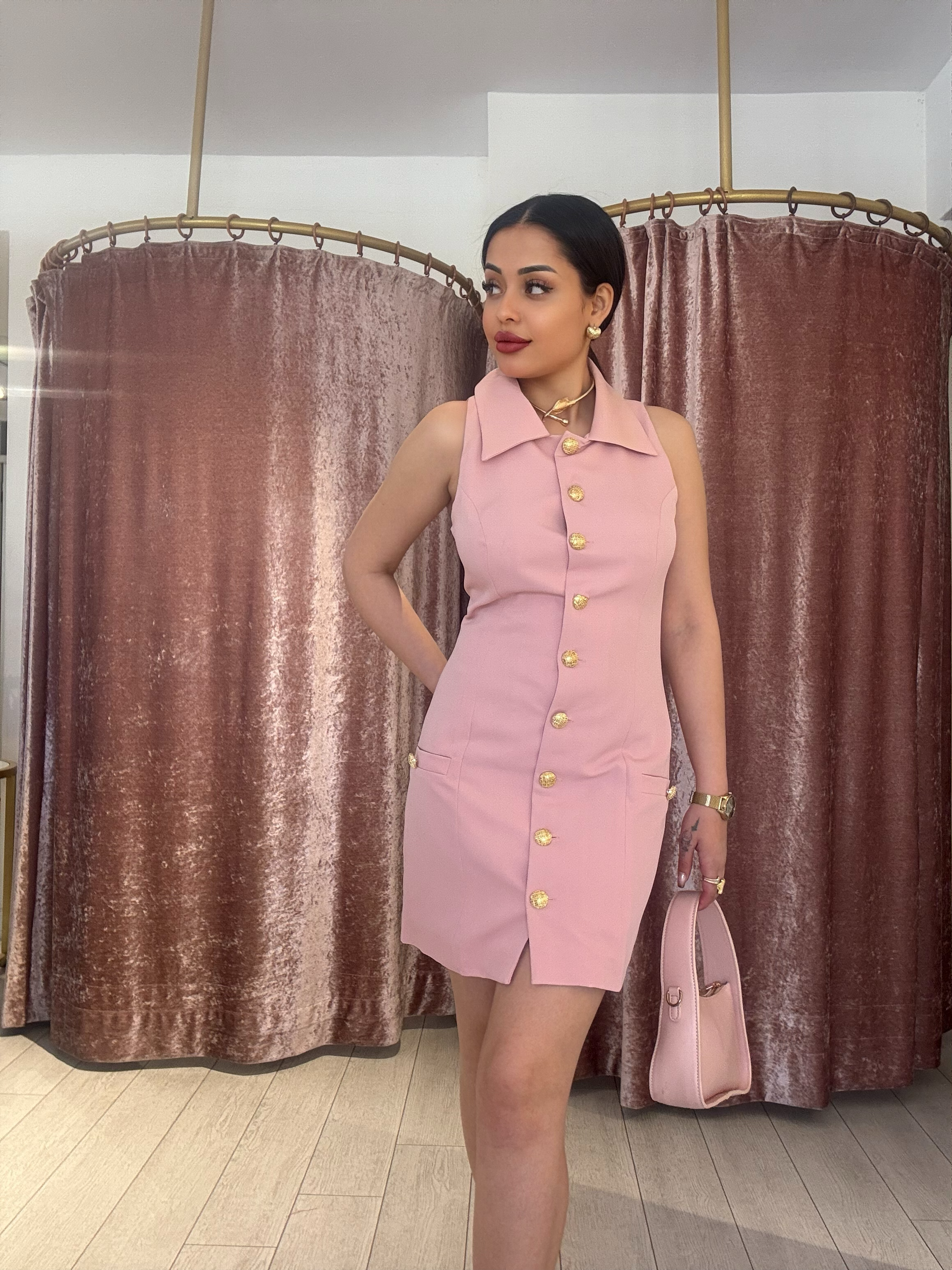 Gold Düğme Detay Elbise Pudra