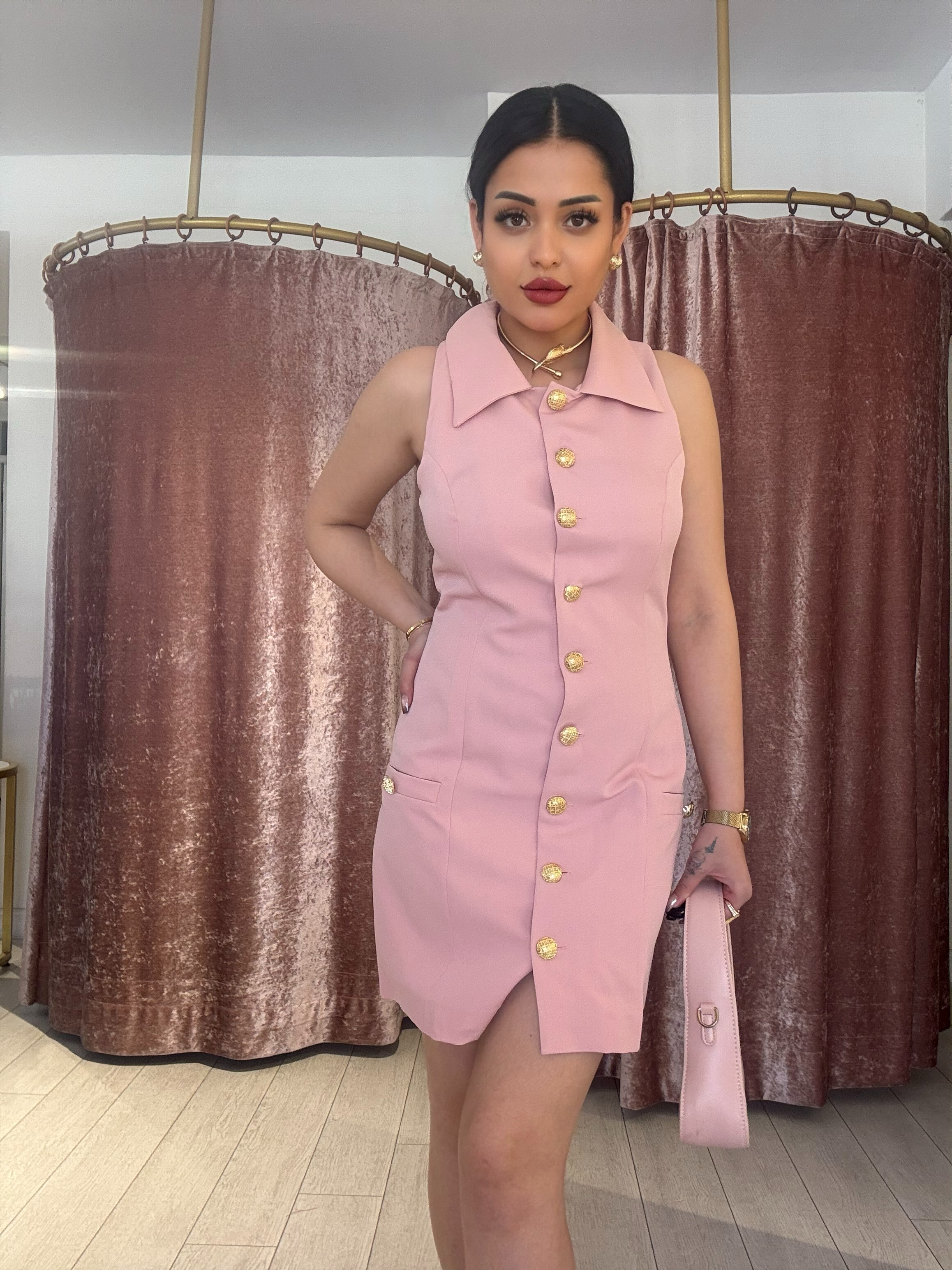 Gold Düğme Detay Elbise Pudra