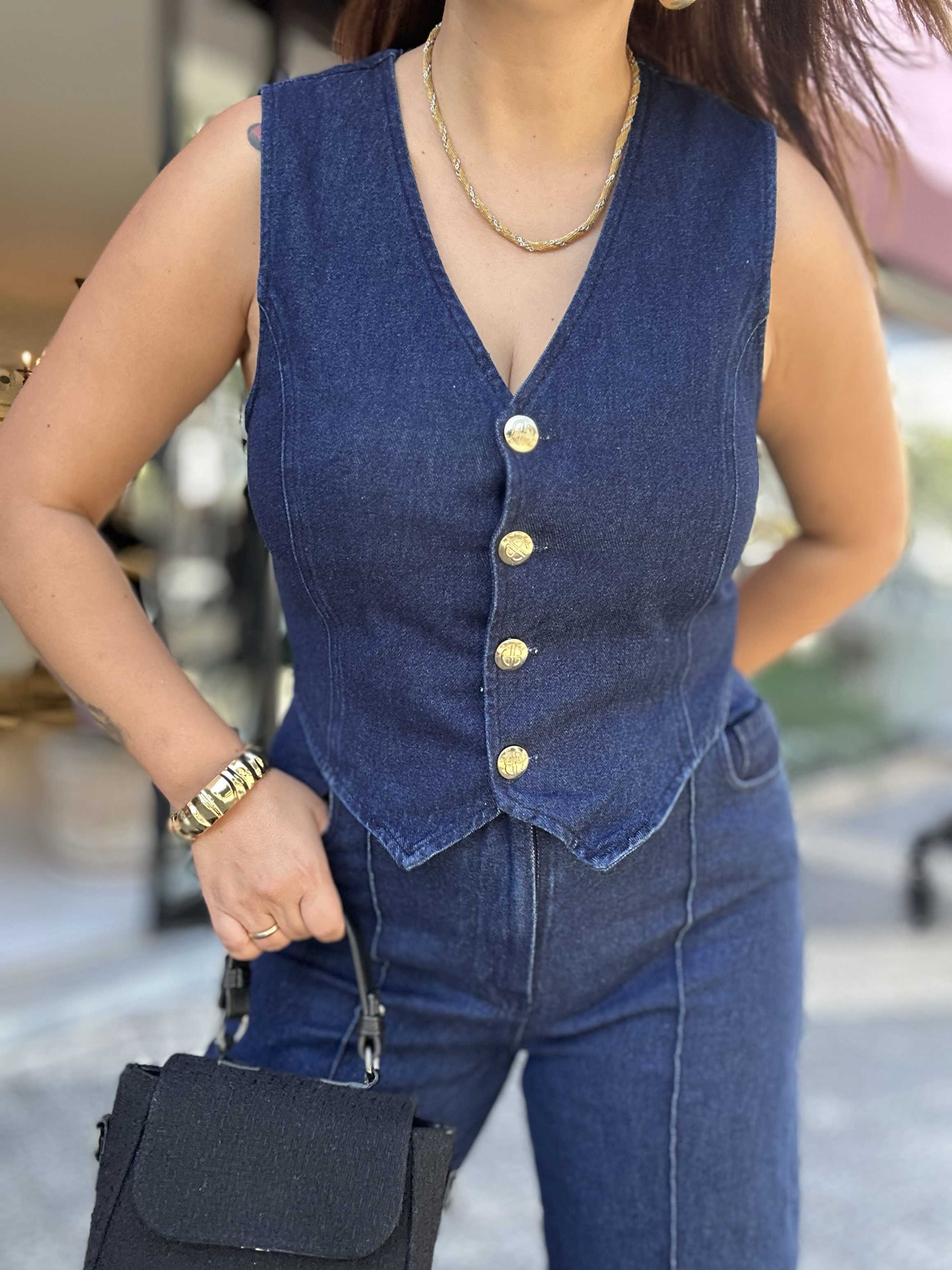 Gold Düğme Detay Yelekli Takım Lacivert 