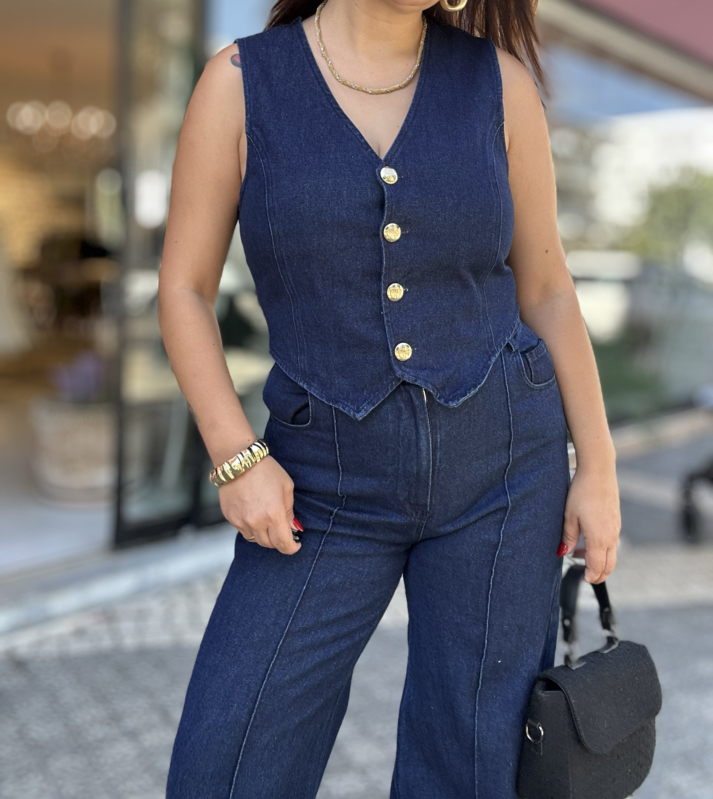 Gold Düğme Detay Yelekli Takım Lacivert 