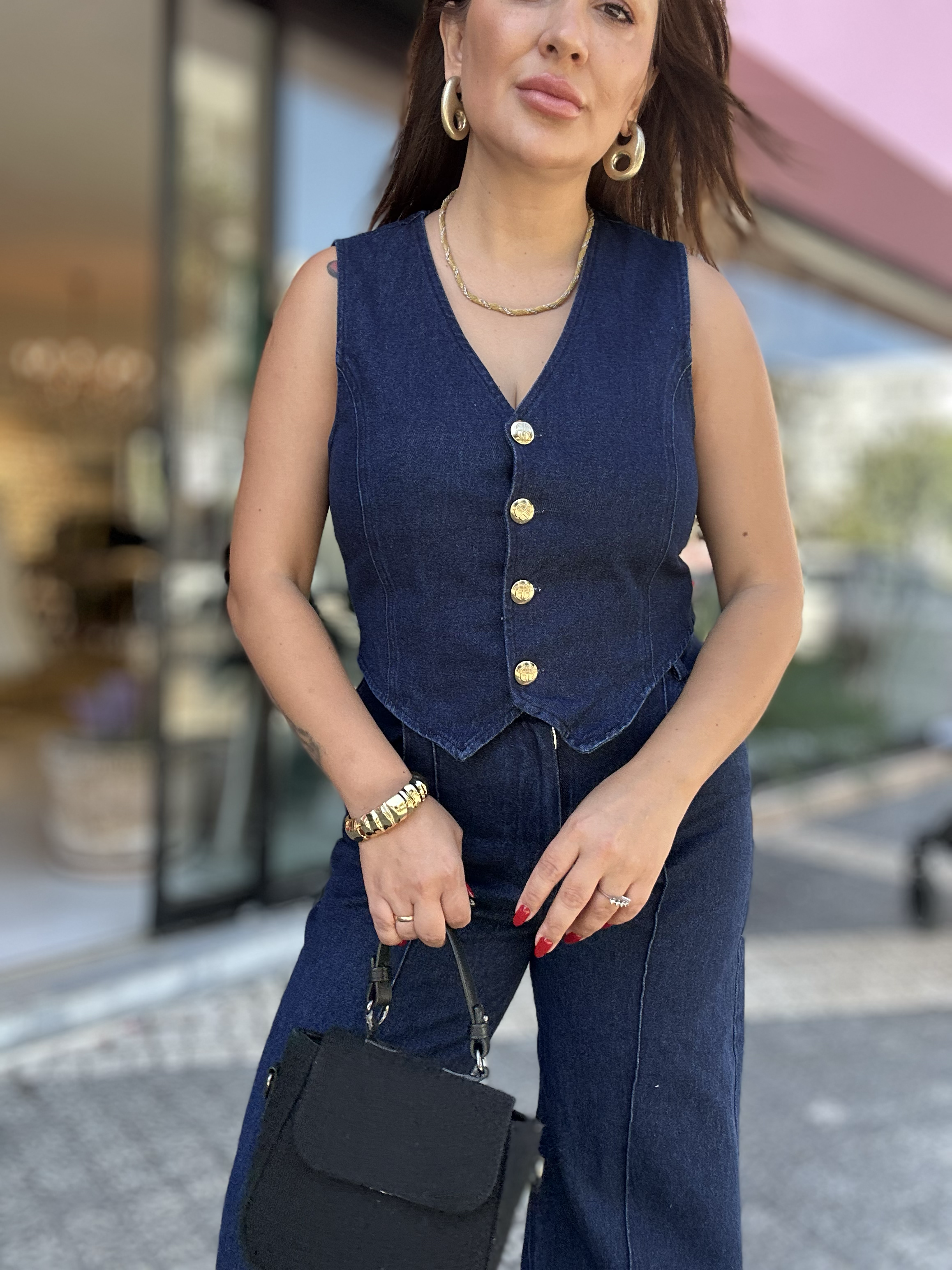 Gold Düğme Detay Yelekli Takım Lacivert 