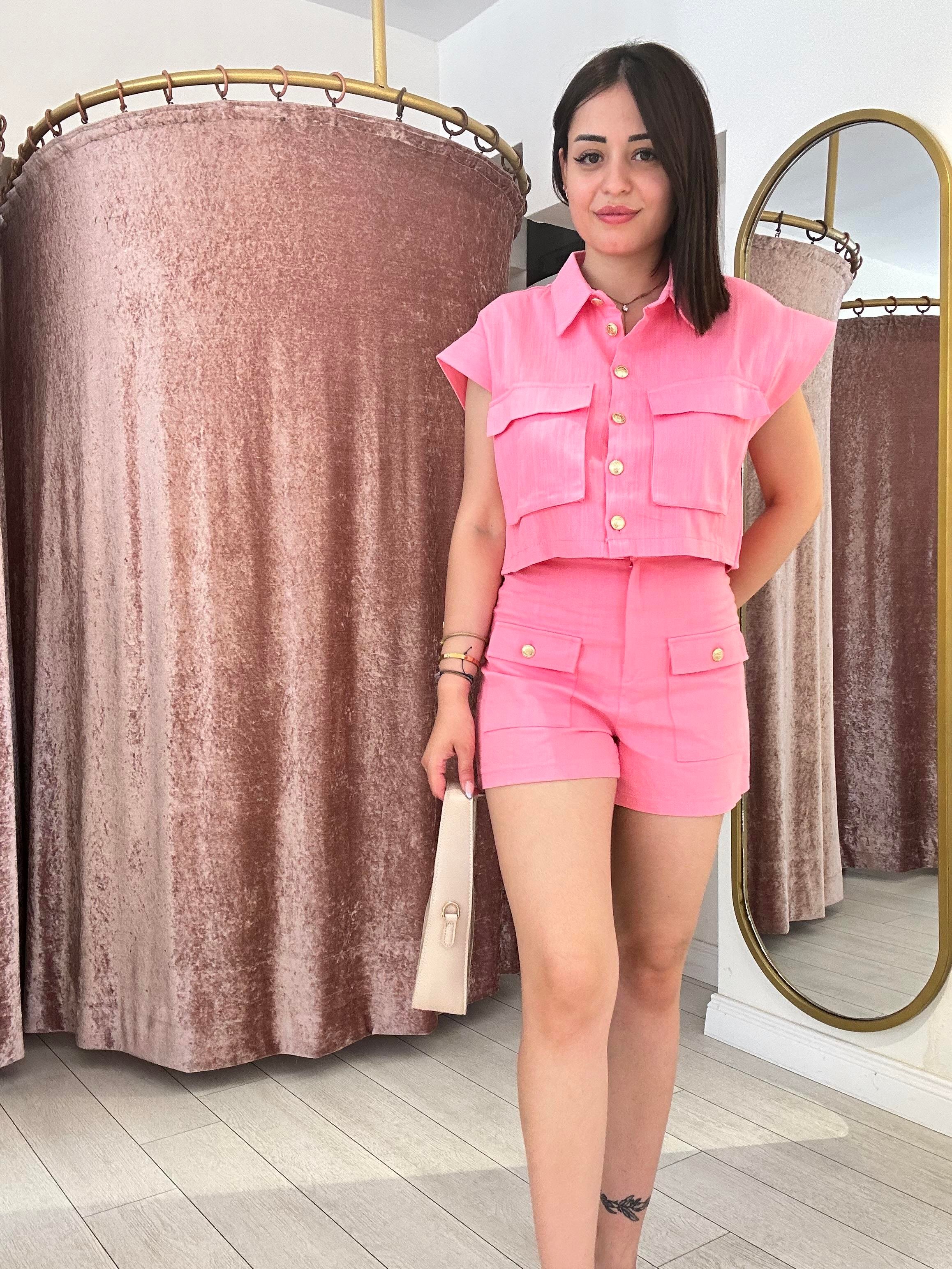 Gold Düğme Detaylı % 100 Pamuk  Takım Pembe