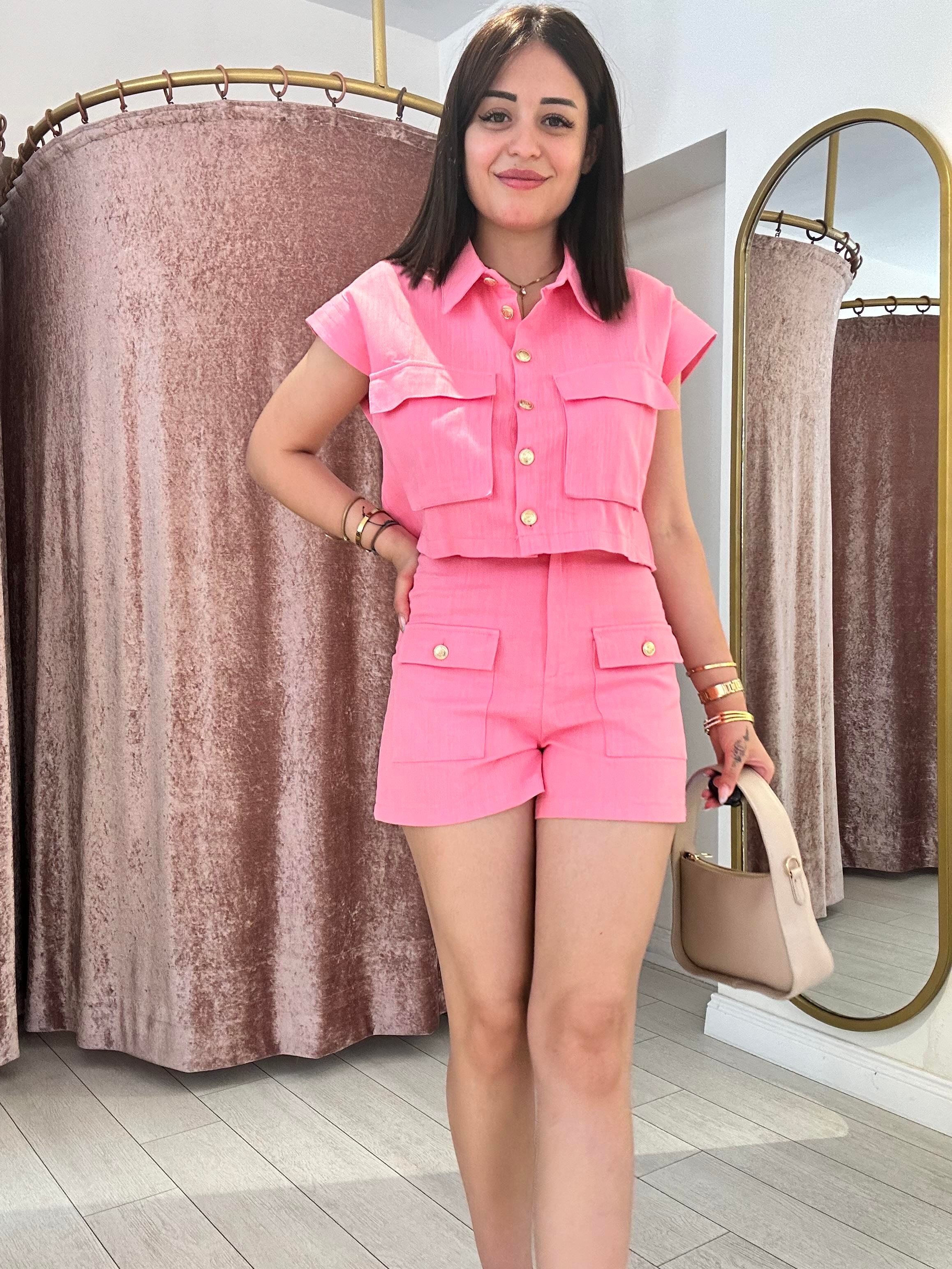 Gold Düğme Detaylı % 100 Pamuk  Takım Pembe