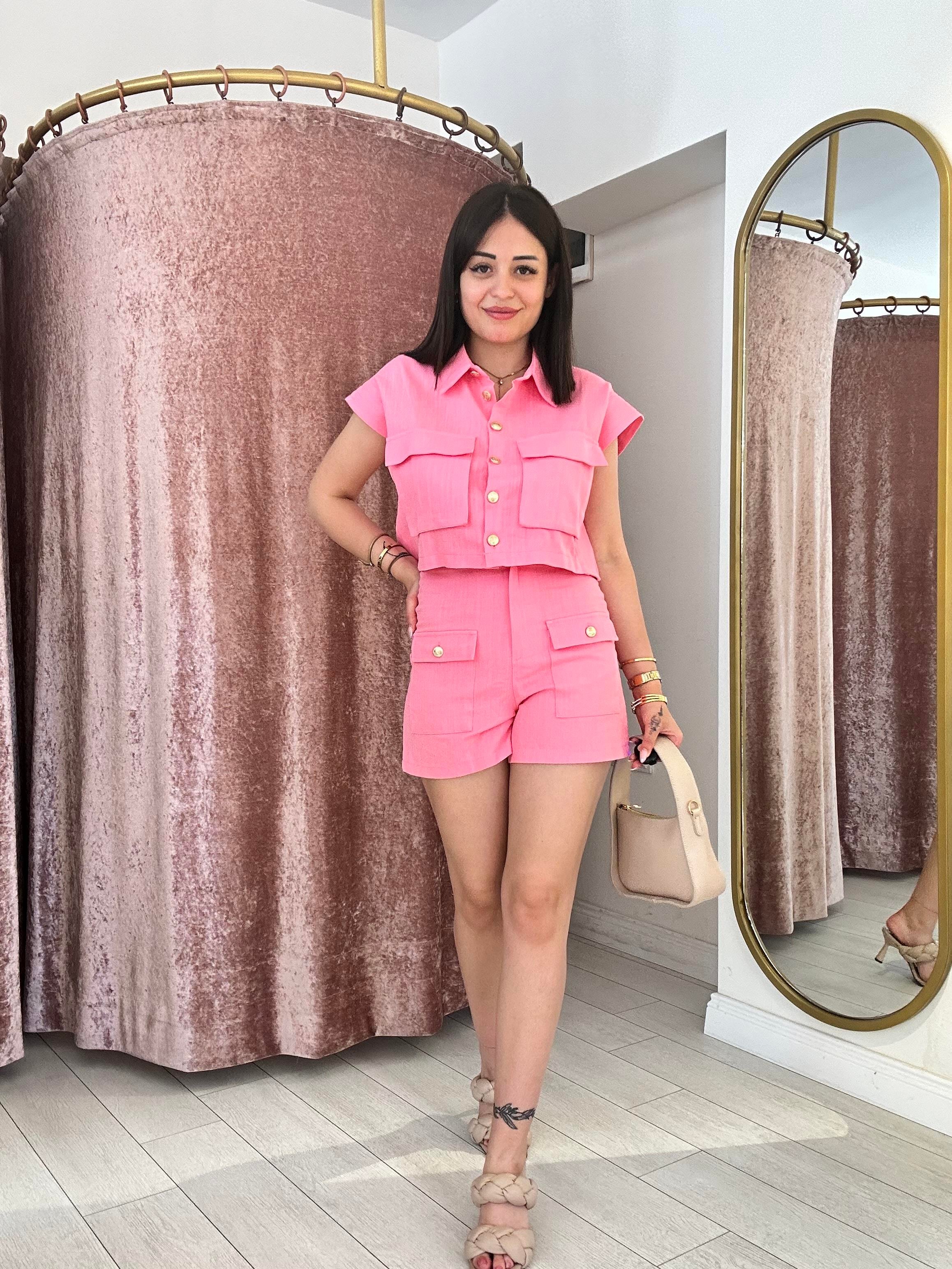 Gold Düğme Detaylı % 100 Pamuk  Takım Pembe