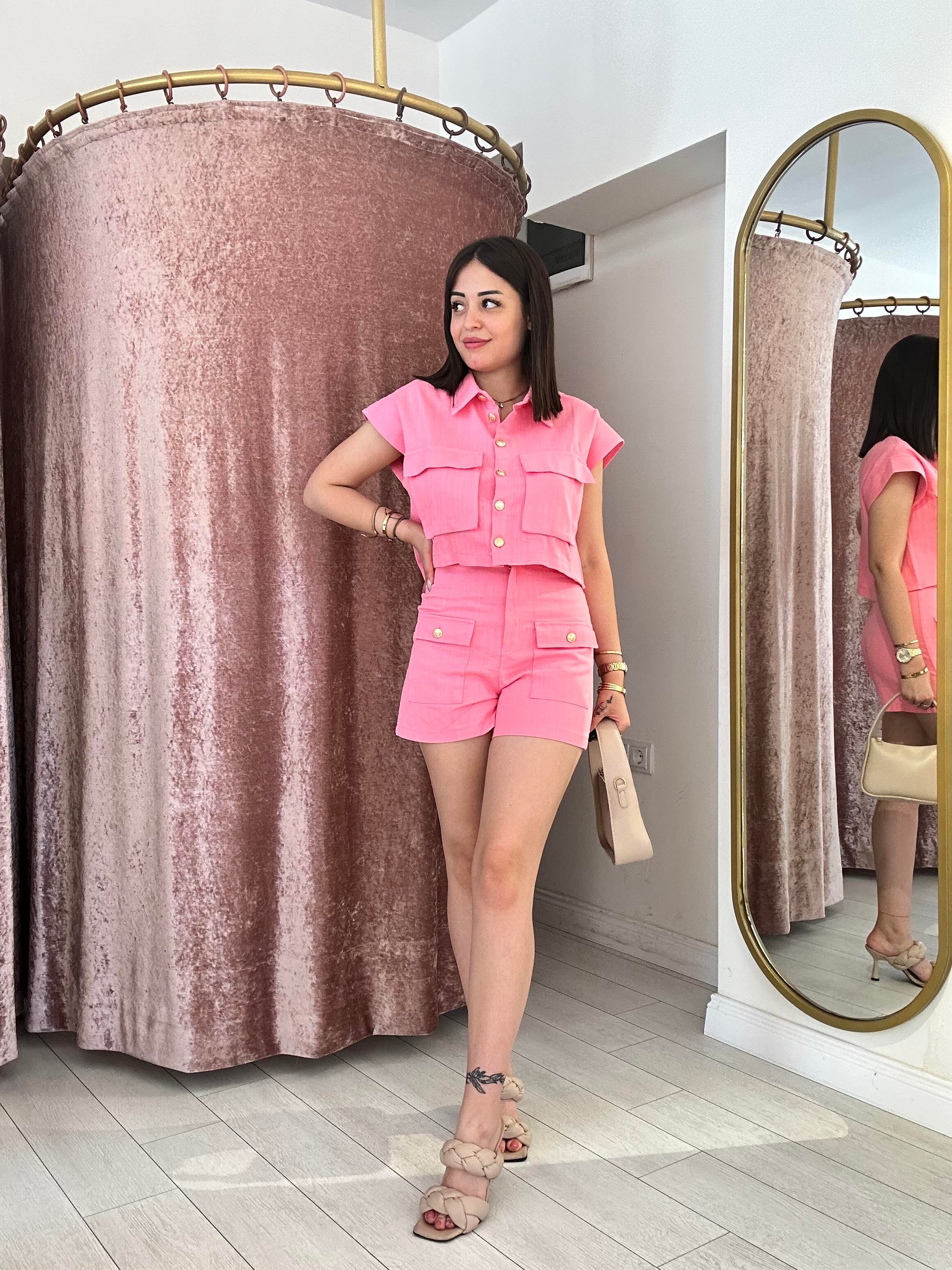 Gold Düğme Detaylı % 100 Pamuk  Takım Pembe