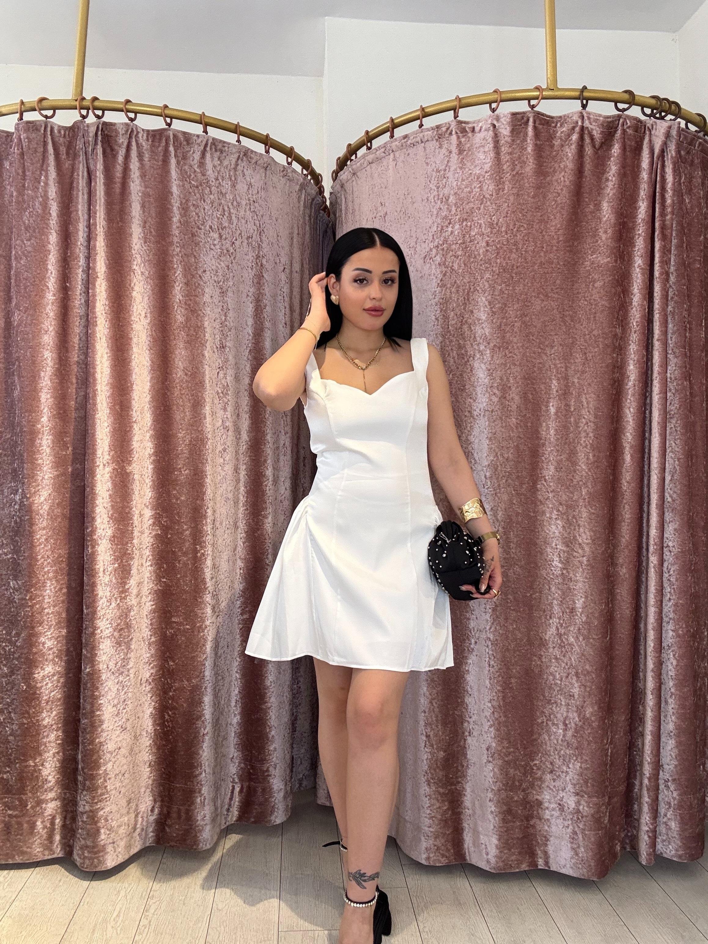 Kalın Askılı Parlak Kumaş Elbise Beyaz