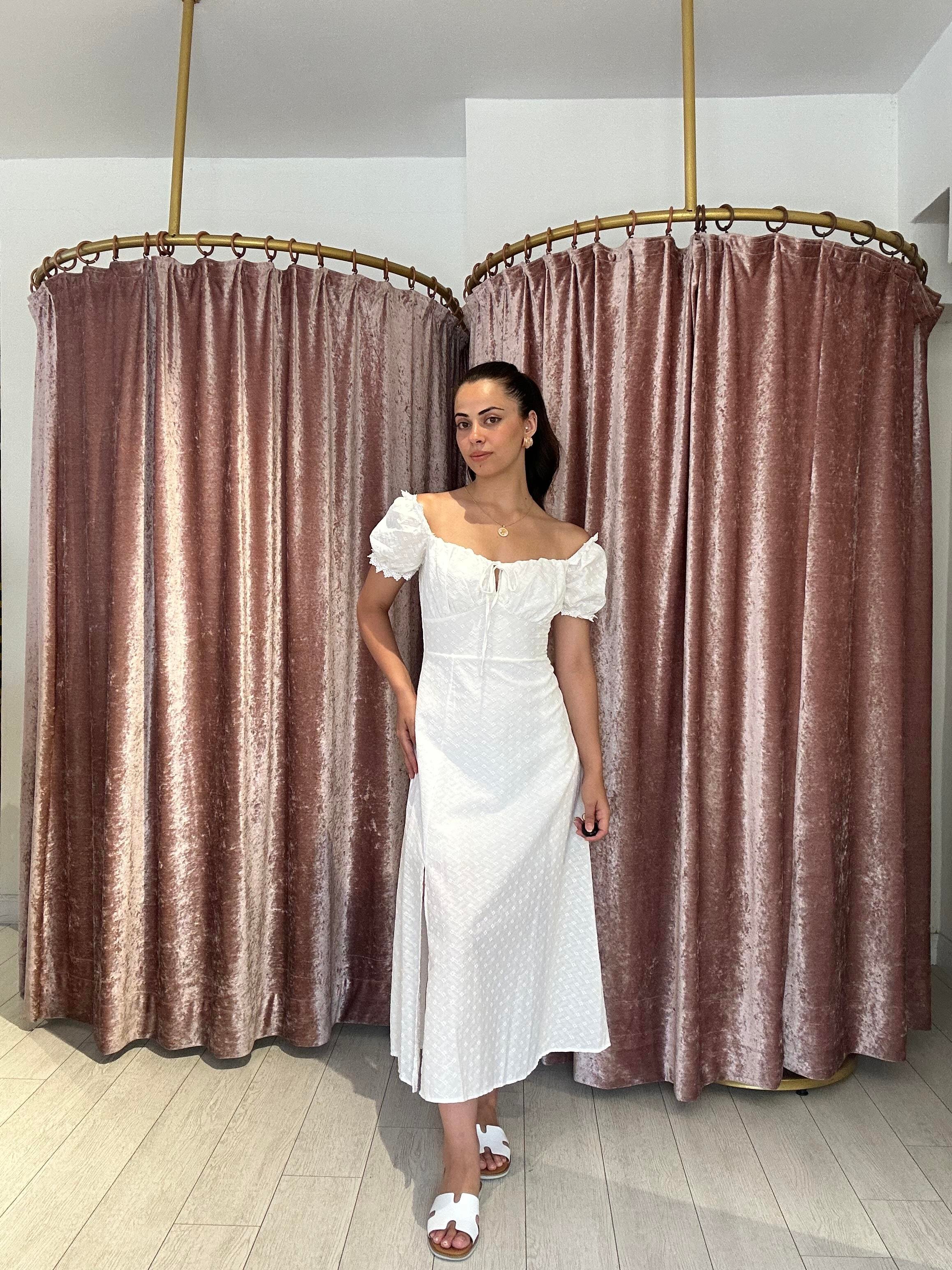 Kendinden Desenli Balon Kol Uzun Elbise Beyaz