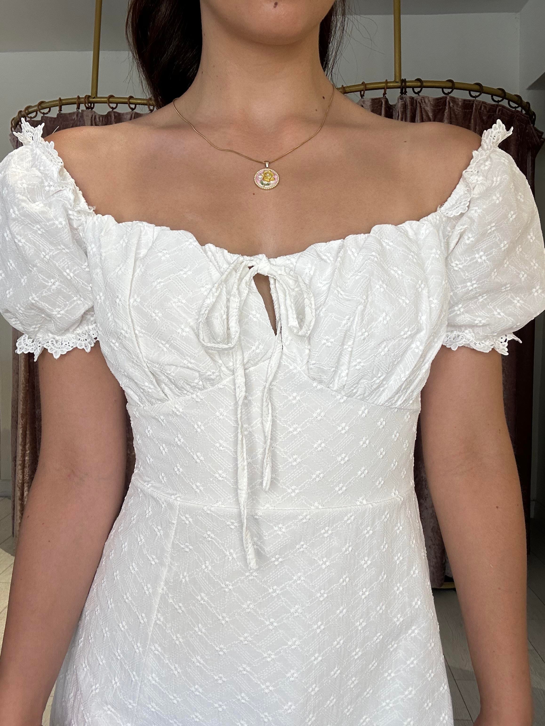 Kendinden Desenli Balon Kol Uzun Elbise Beyaz