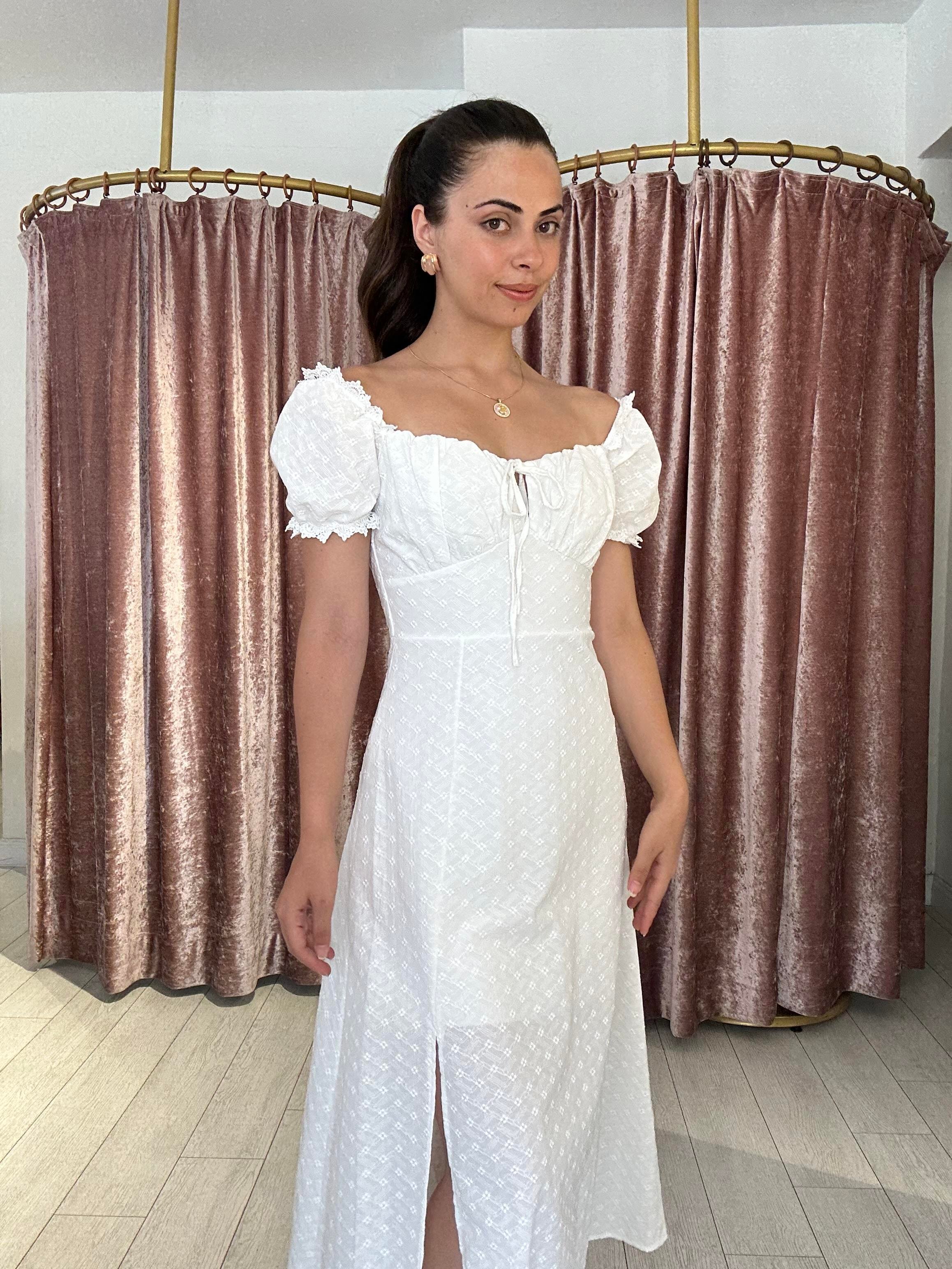 Kendinden Desenli Balon Kol Uzun Elbise Beyaz