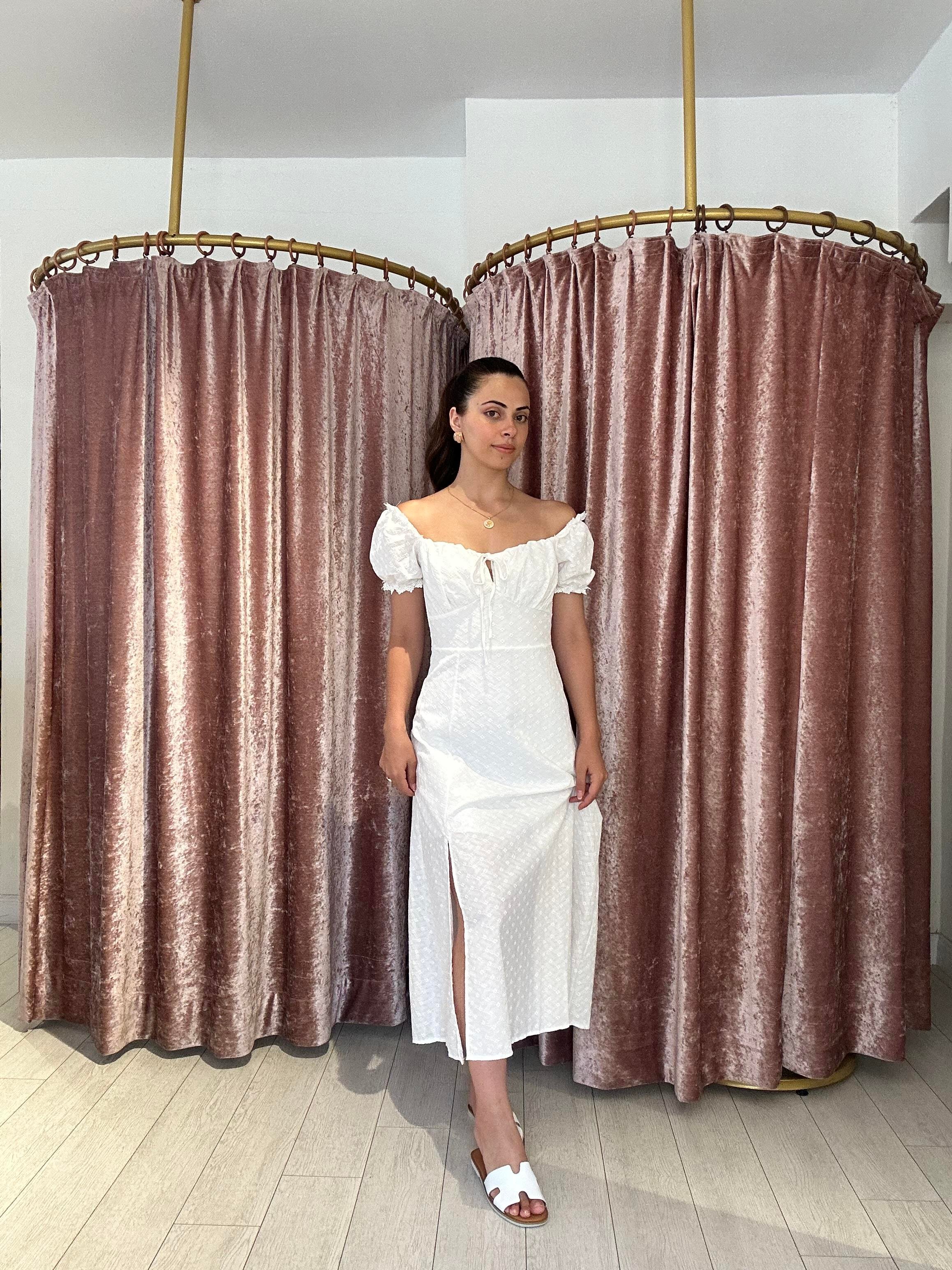 Kendinden Desenli Balon Kol Uzun Elbise Beyaz