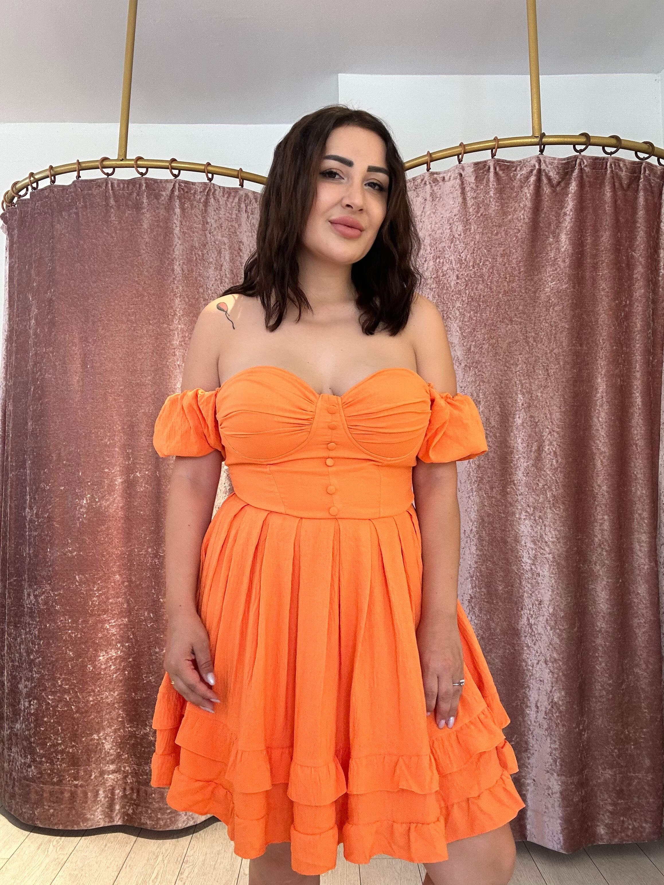 Kol Detay Mini Elbise Turuncu