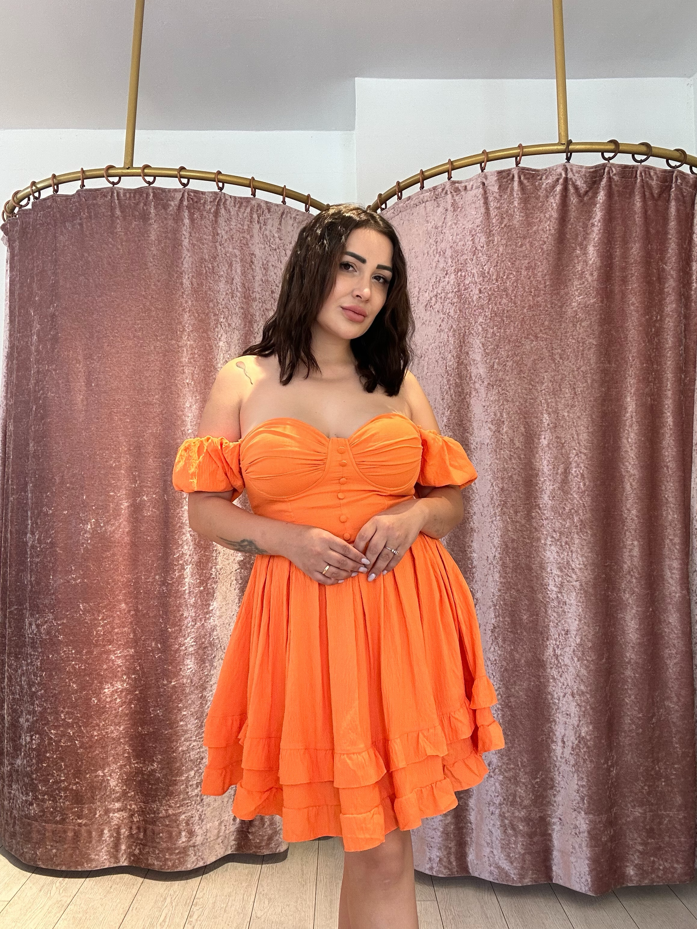 Kol Detay Mini Elbise Turuncu