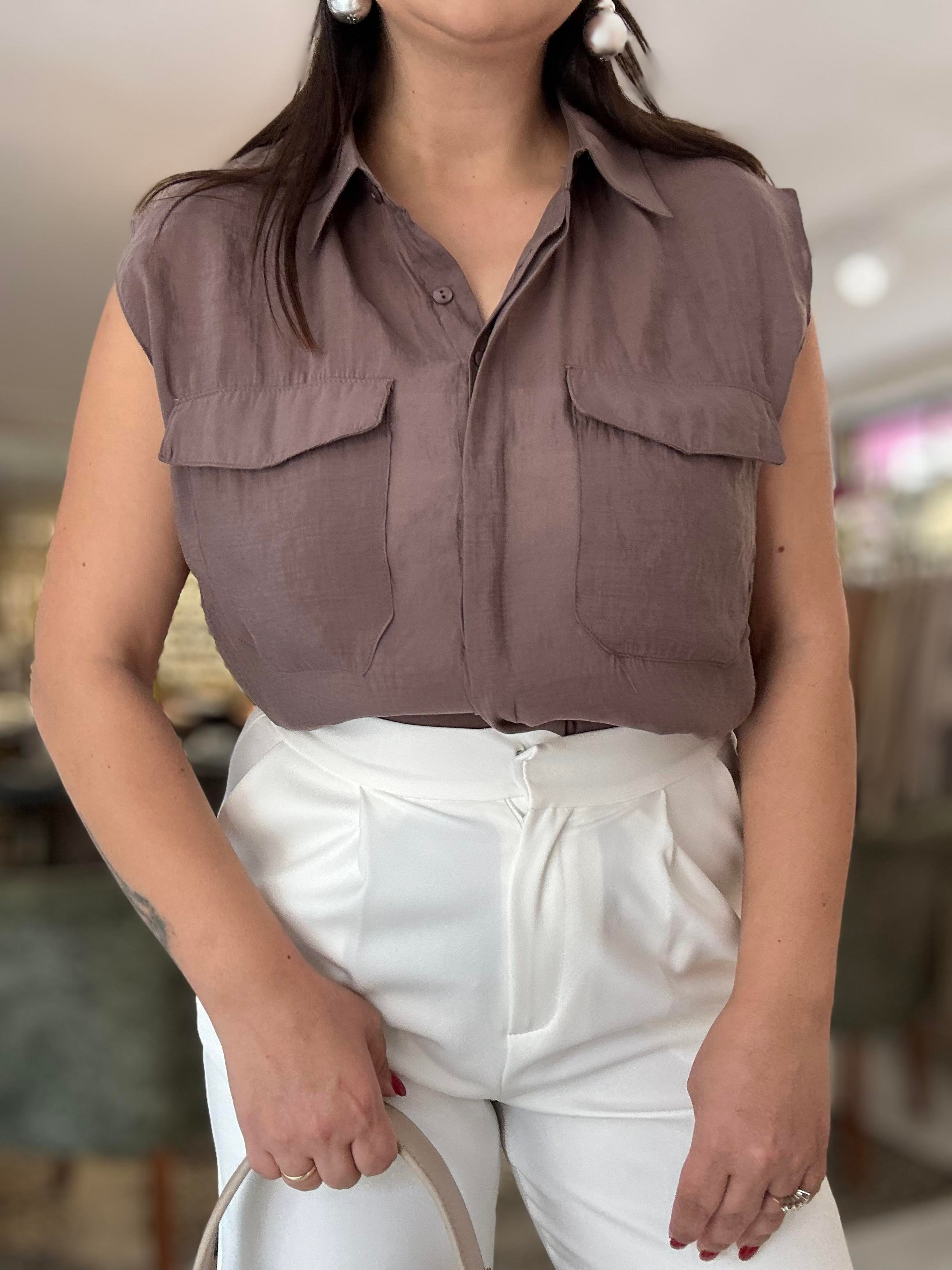 Körük Cepli Kolsuz İnce Gömlek Kahve