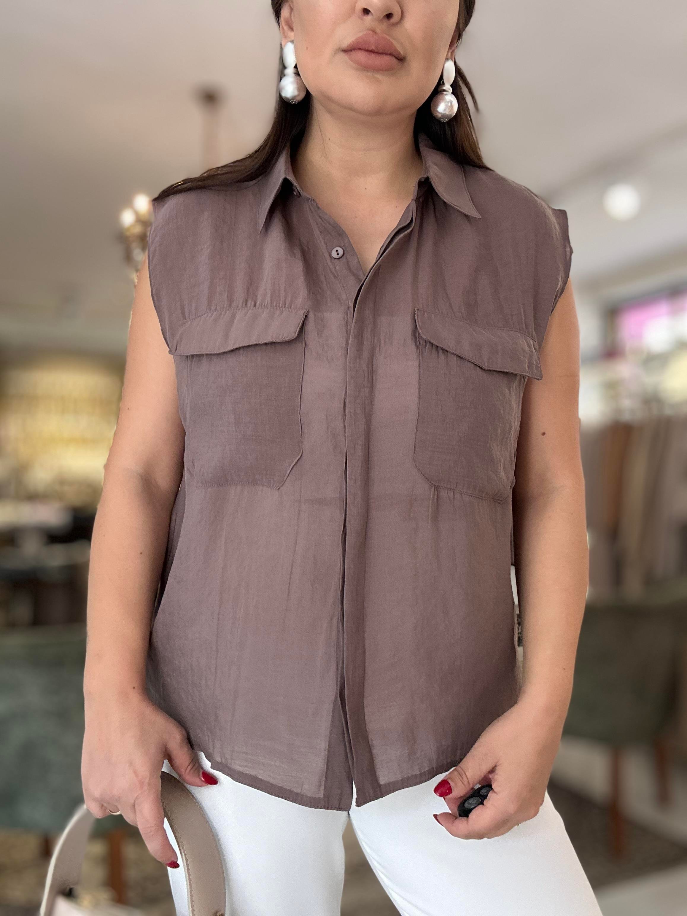 Körük Cepli Kolsuz İnce Gömlek Kahve