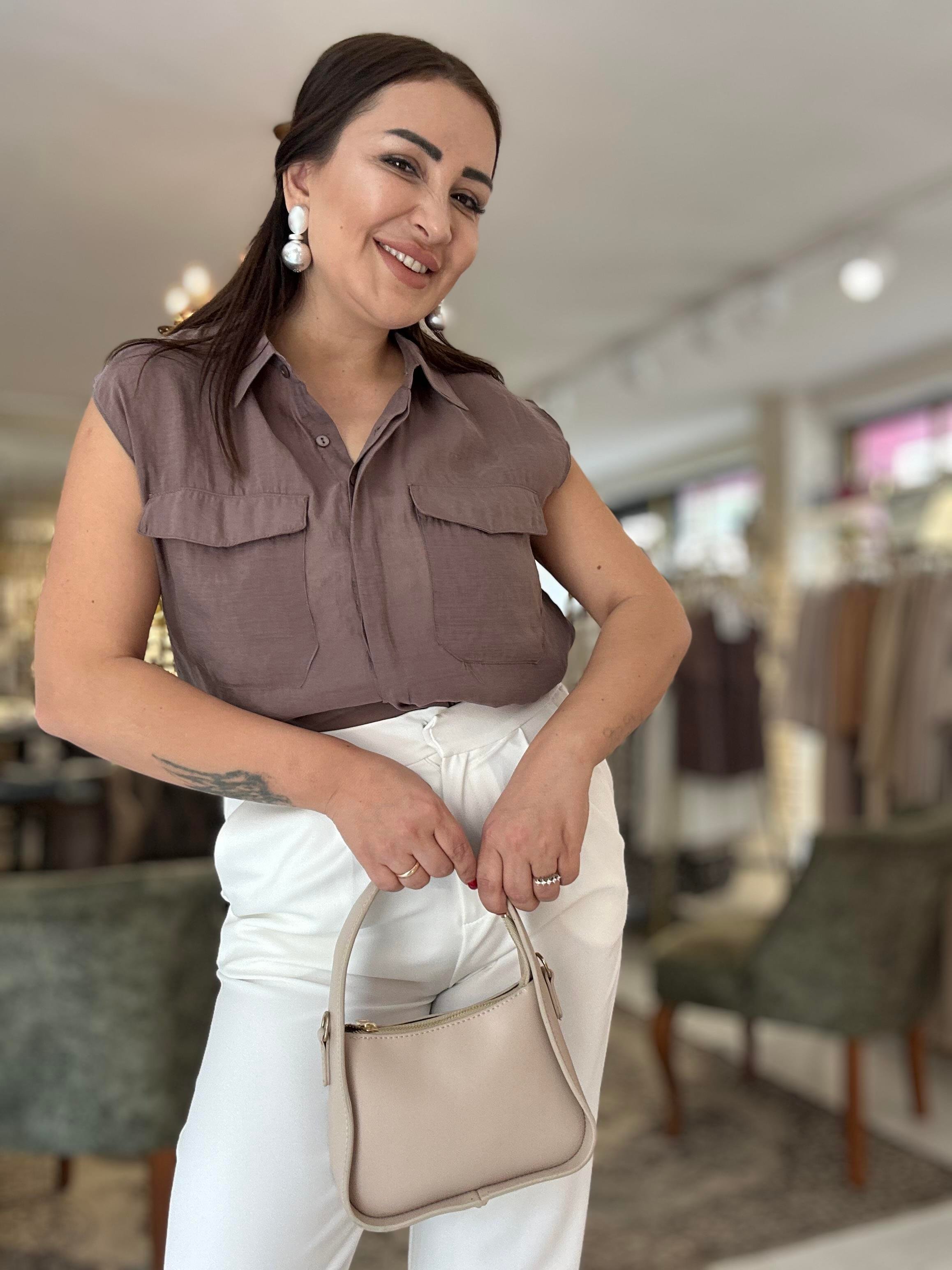 Körük Cepli Kolsuz İnce Gömlek Kahve