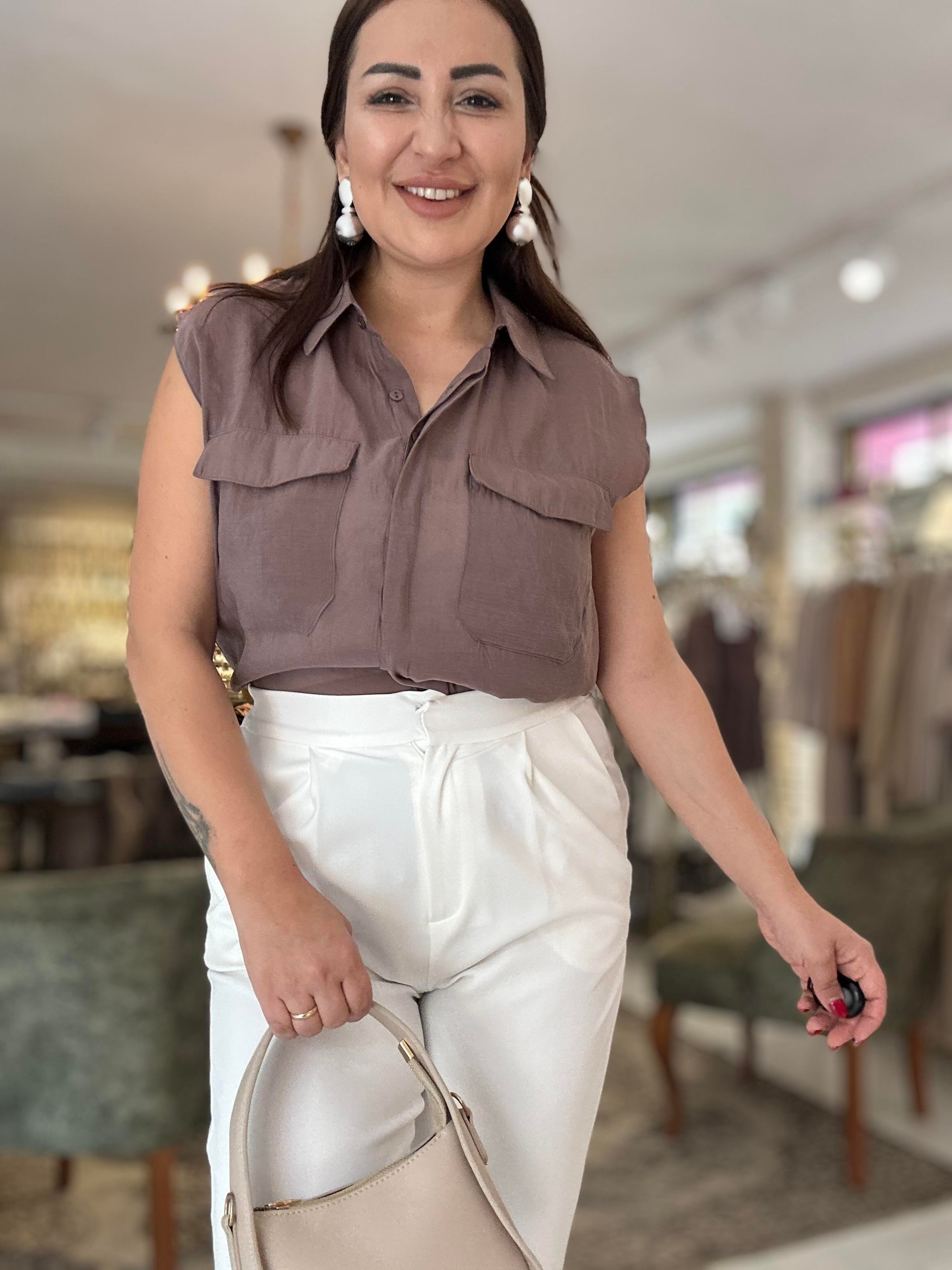 Körük Cepli Kolsuz İnce Gömlek Kahve