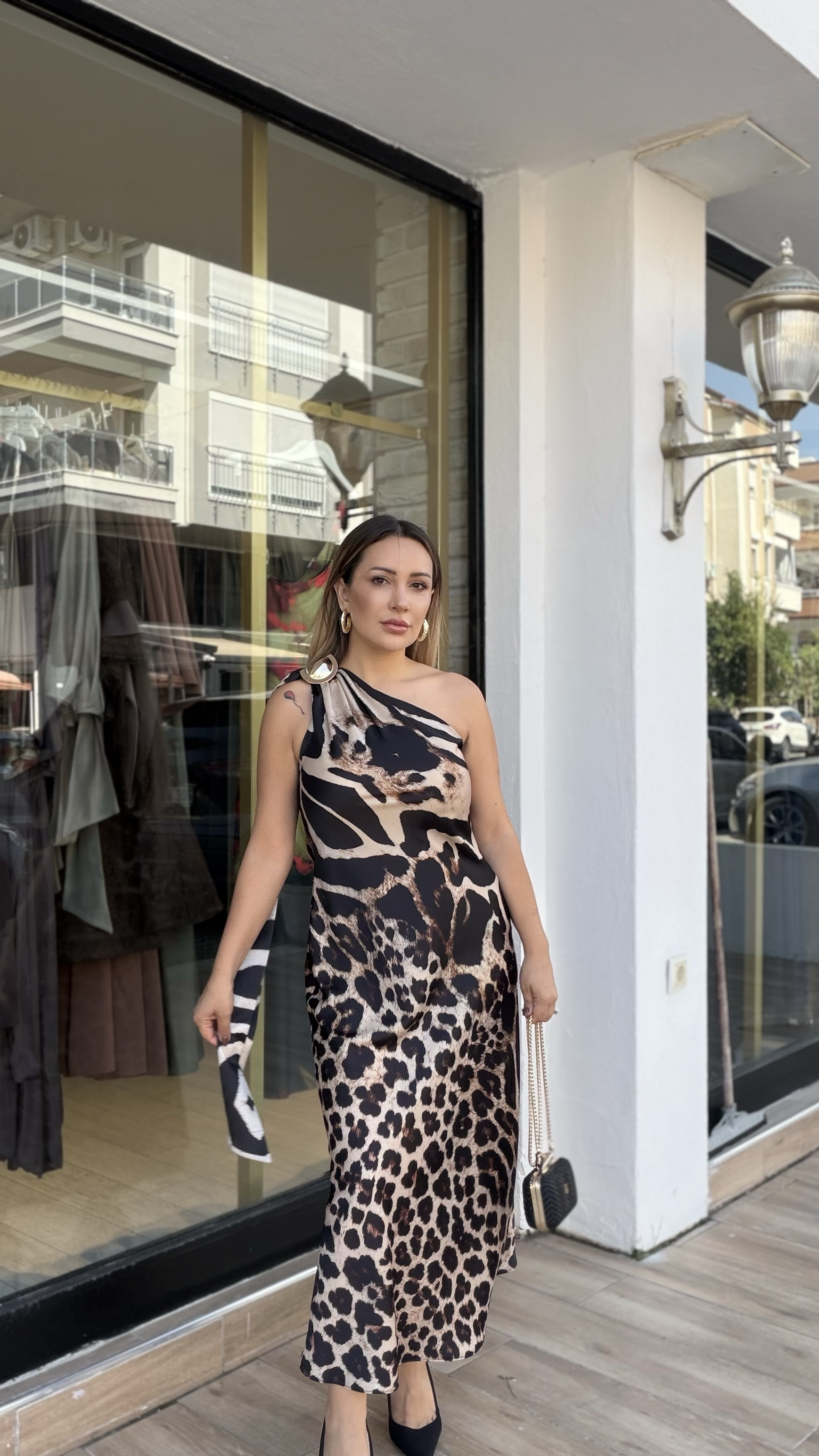 Leopar Desen Saten Elbise Siyah