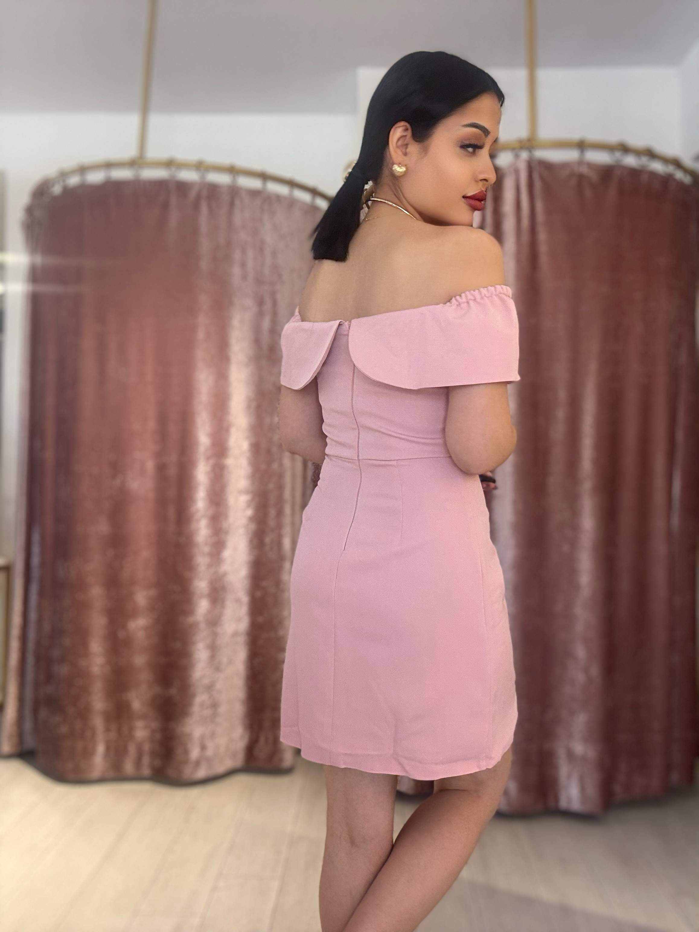 Omuz Detay Mini Elbise Pudra