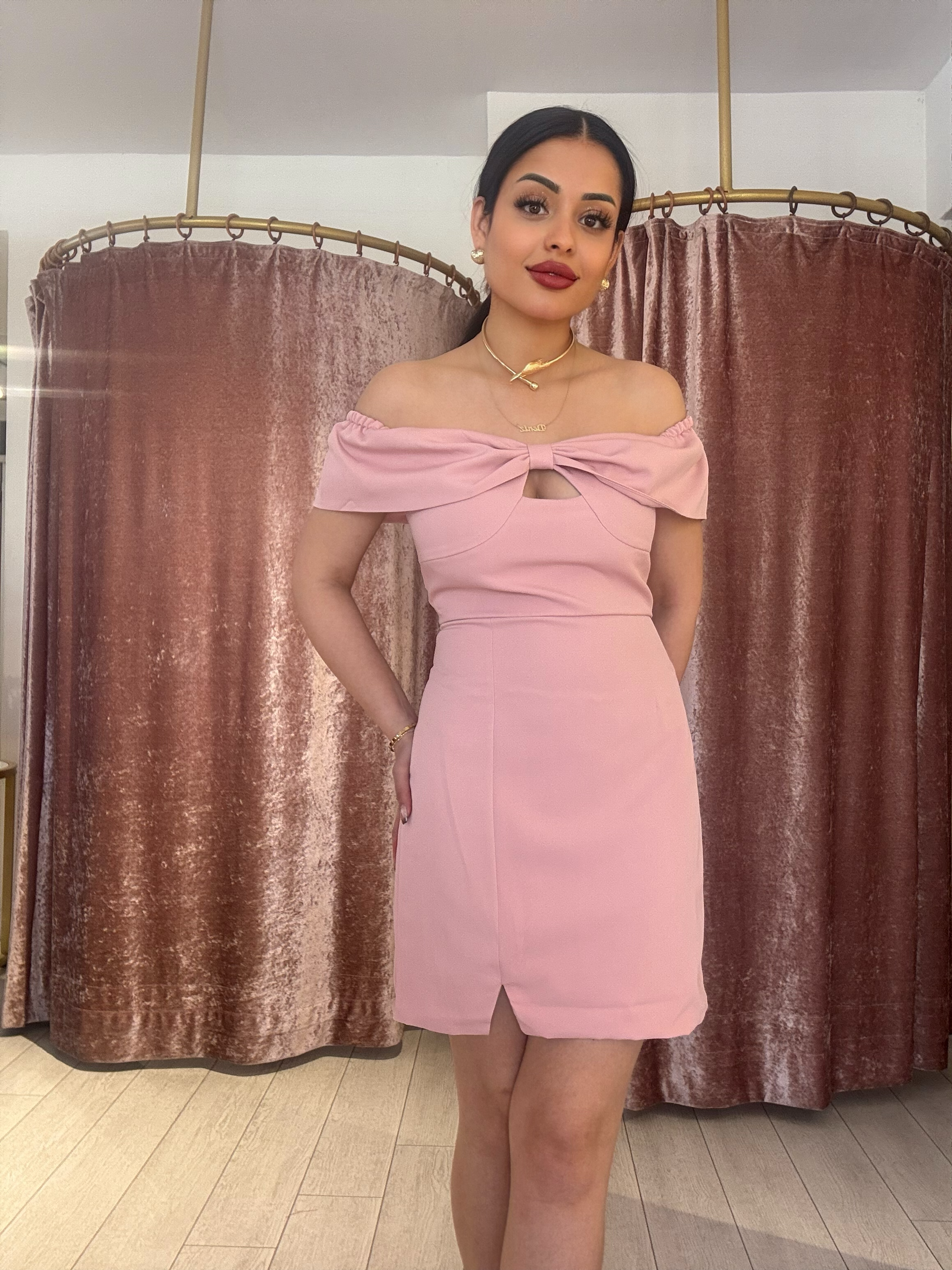 Omuz Detay Mini Elbise Pudra