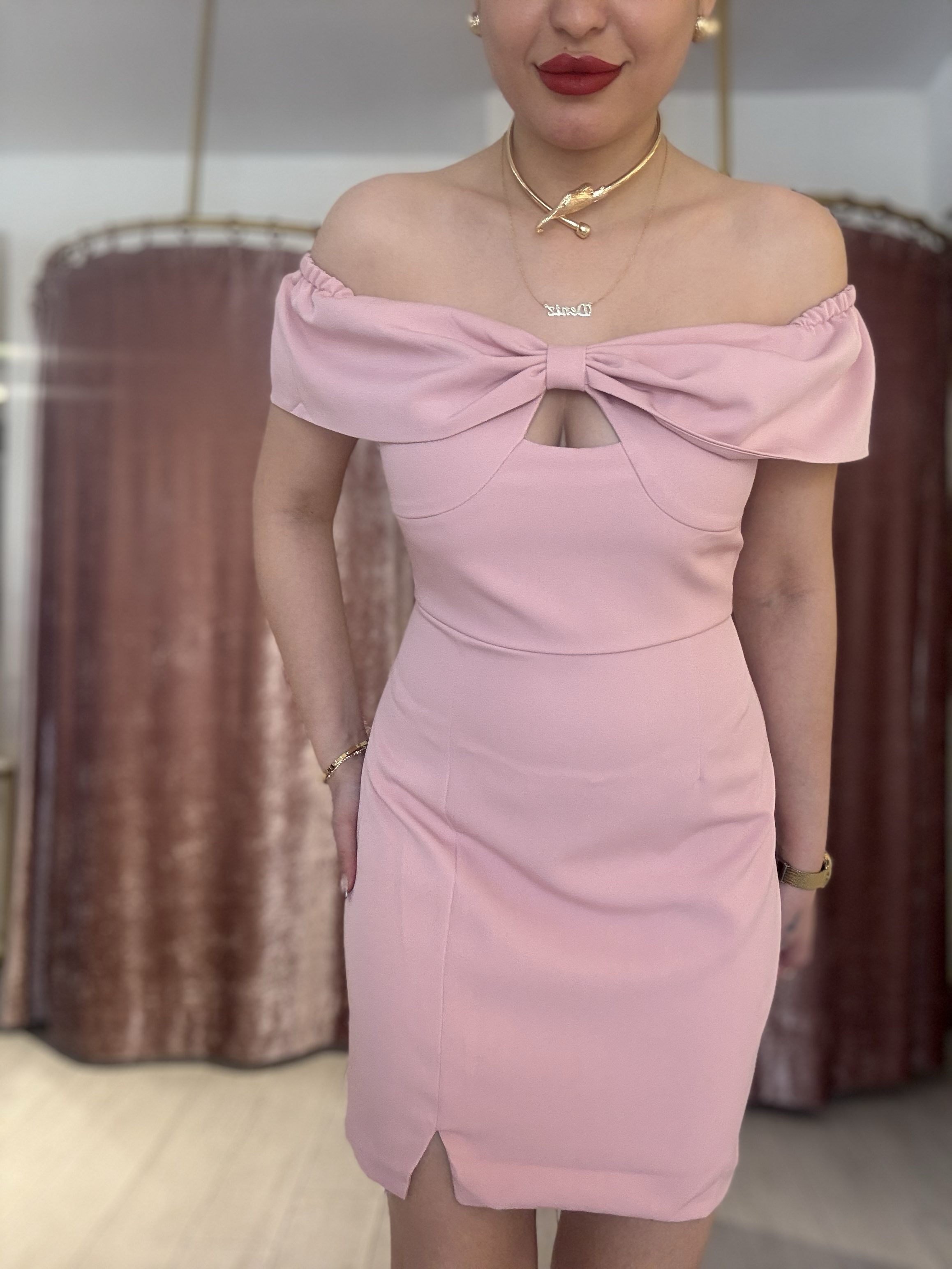 Omuz Detay Mini Elbise Pudra