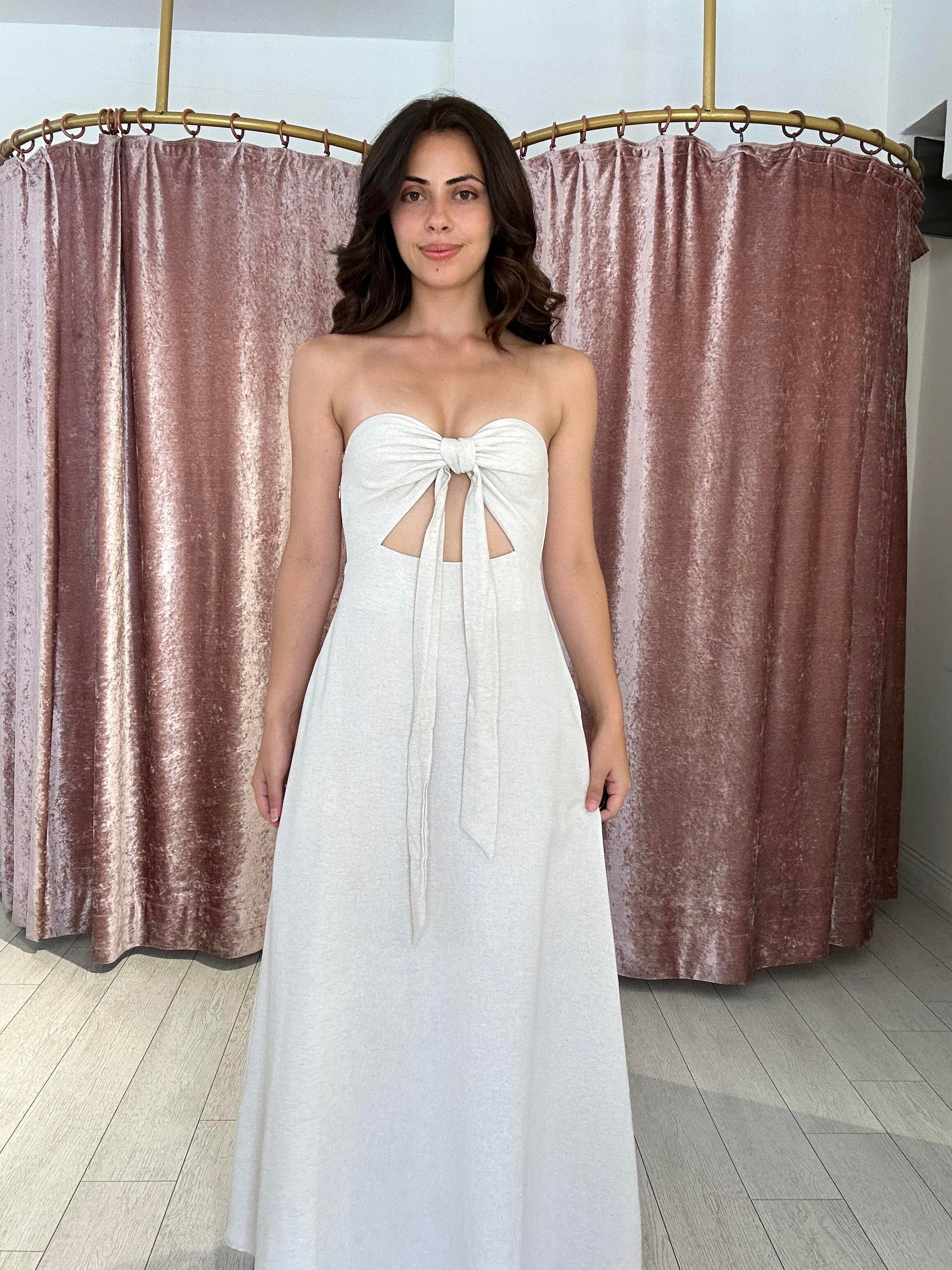 Ön Detay Sırtı Lastikli Uzun Keten Elbise 