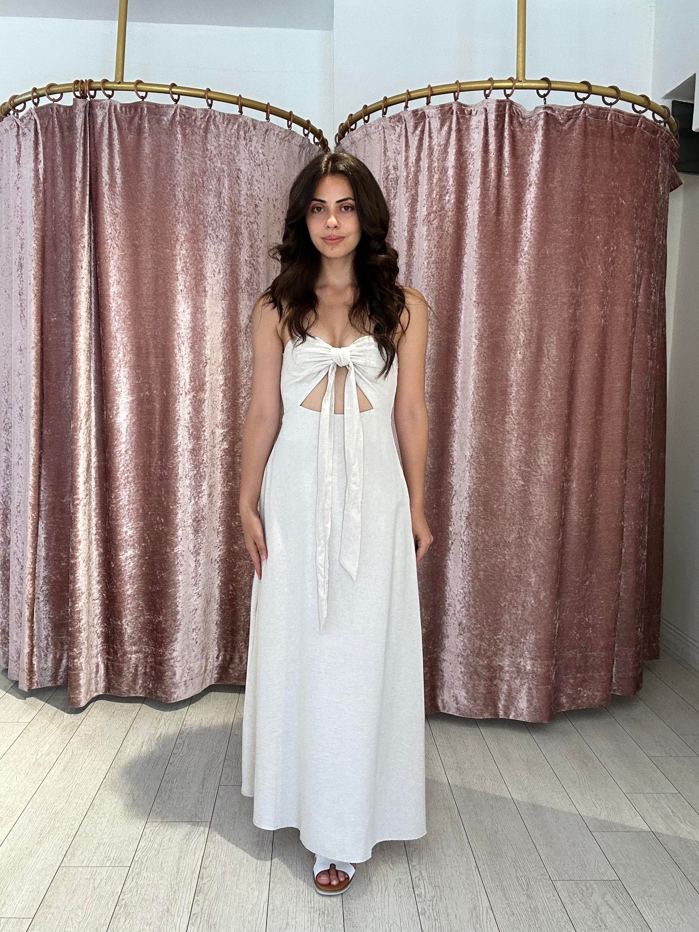 Ön Detay Sırtı Lastikli Uzun Keten Elbise 